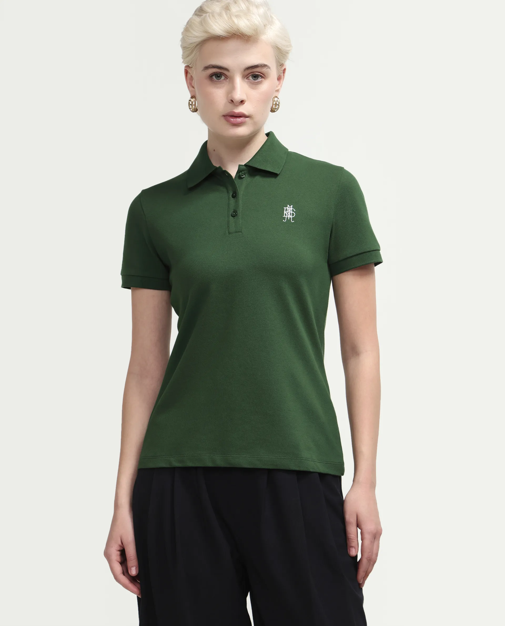 Rareism Women's Zonrad Dark Green Cotton Blend Half Sleeve Regular Fit Plain Polo - Image 4