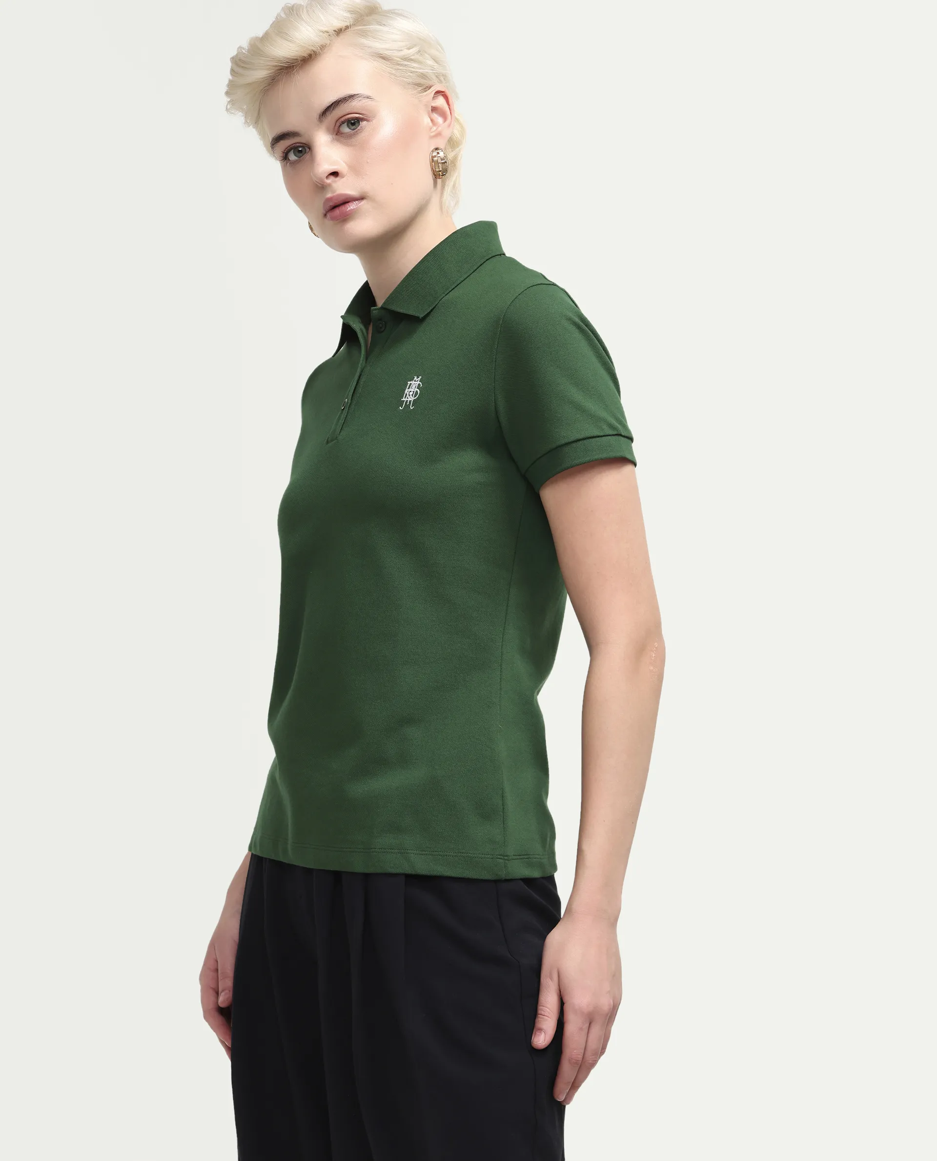 Rareism Women's Zonrad Dark Green Cotton Blend Half Sleeve Regular Fit Plain Polo - Image 6