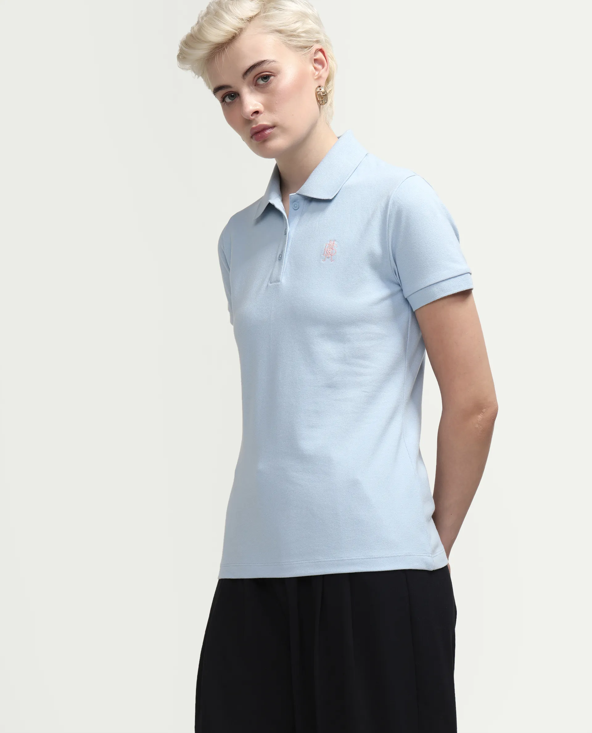 Rareism Women's Zonrad Light Blue Cotton Blend Half Sleeve Regular Fit Plain Polo - Image 6