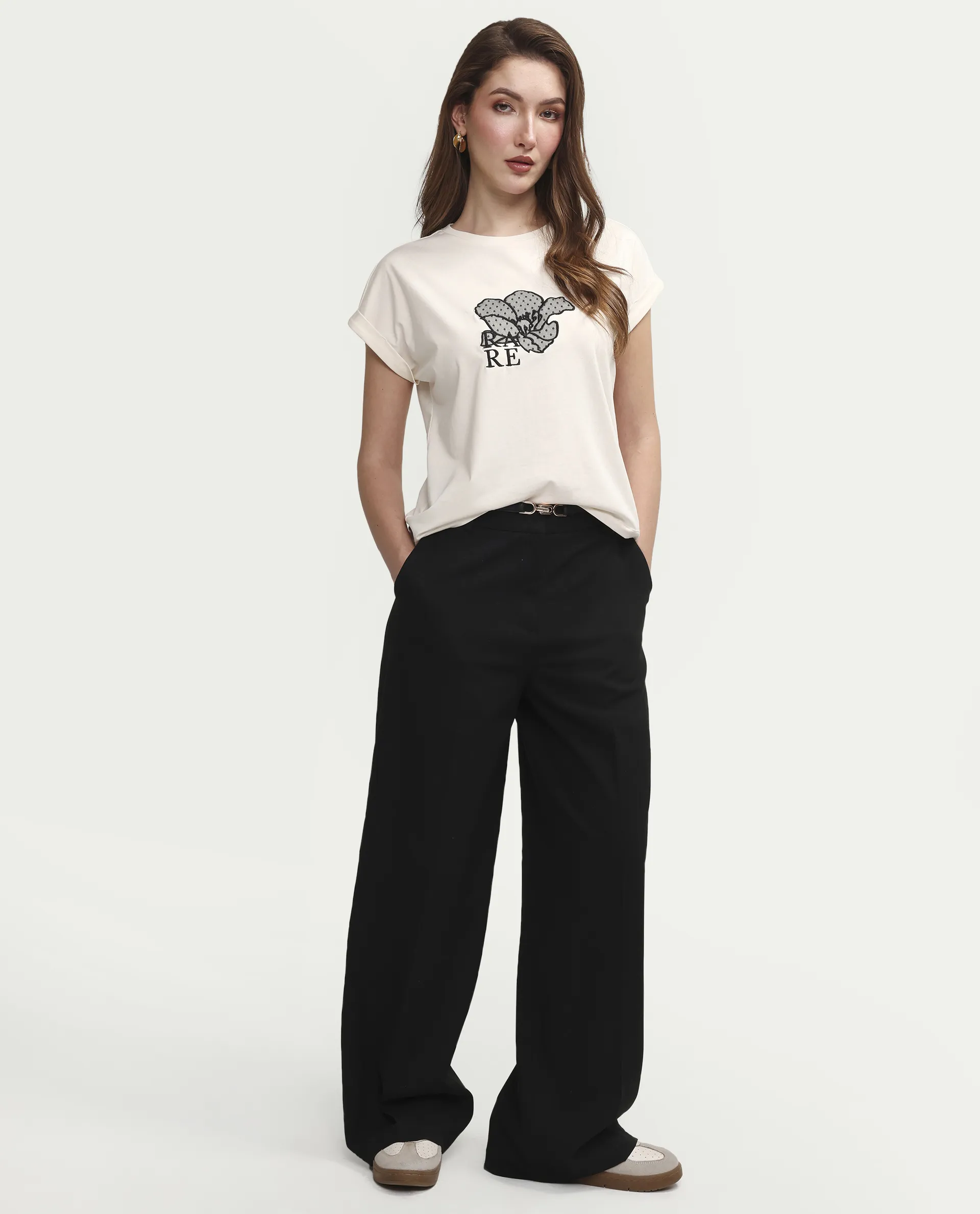 Rareism Women's Zools Off White Cotton Blend Half Sleeve Relaxed Fit Floral Print T-Shirt - Image 2