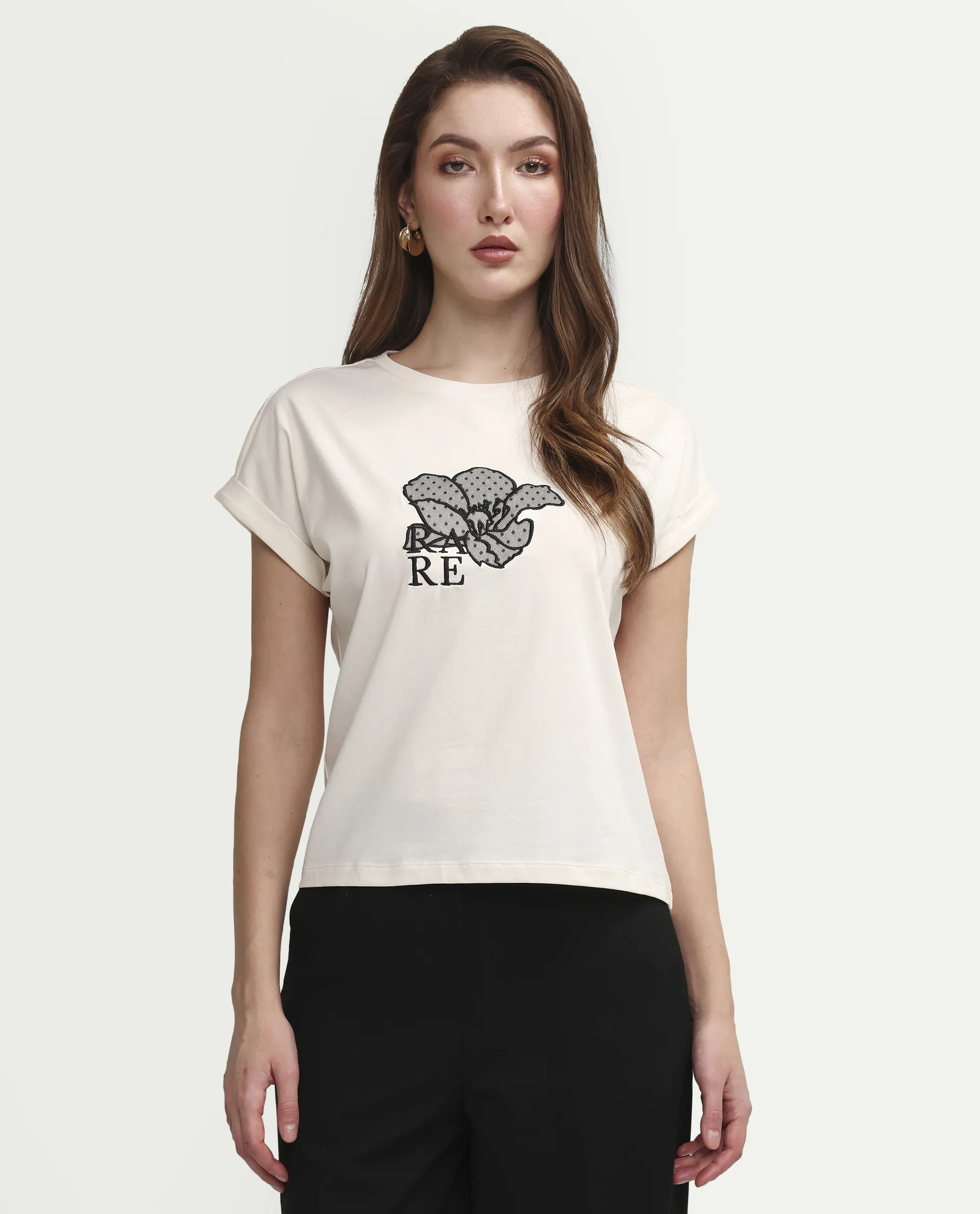 Rareism Women's Zools Off White Cotton Blend Half Sleeve Relaxed Fit Floral Print T-Shirt - Image 3