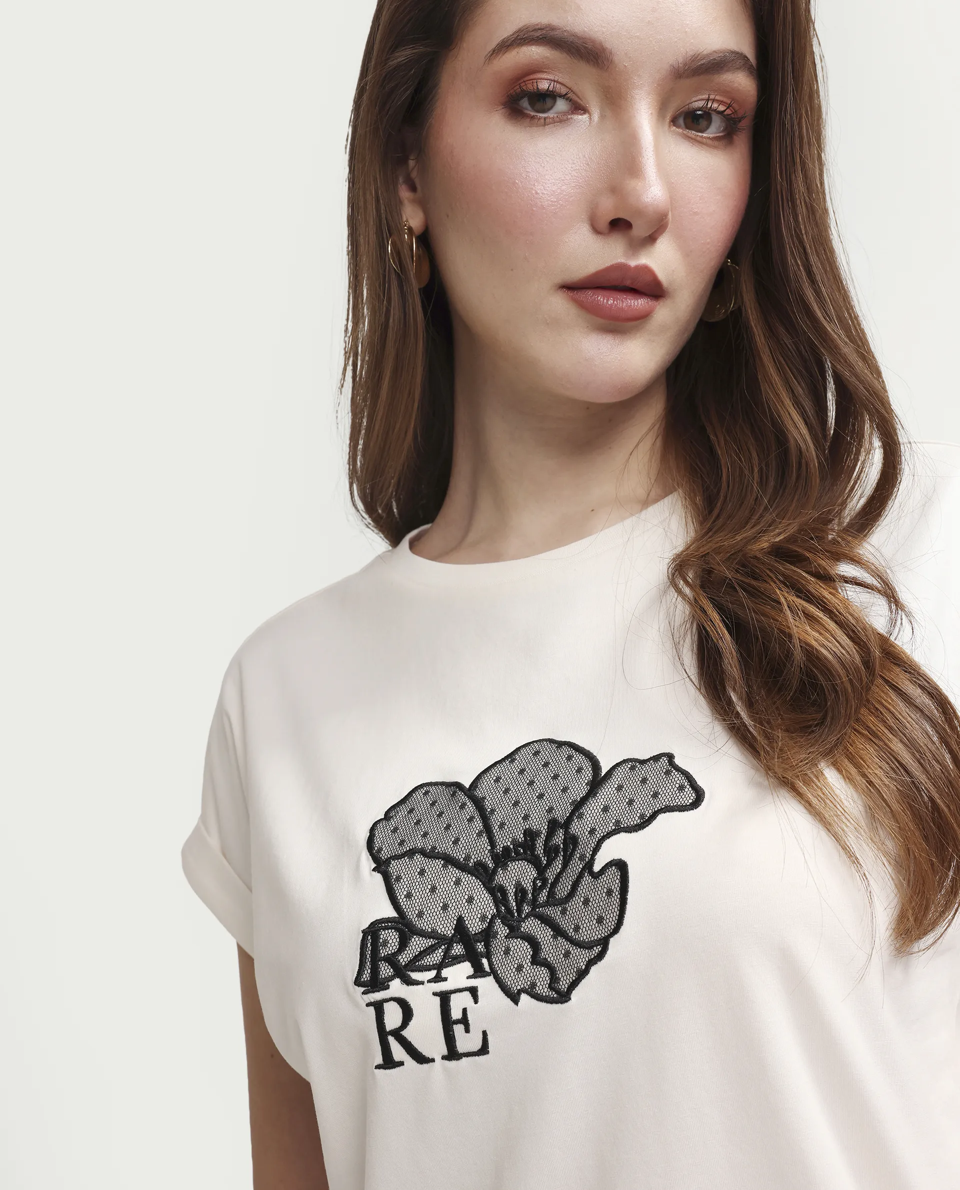 Rareism Women's Zools Off White Cotton Blend Half Sleeve Relaxed Fit Floral Print T-Shirt - Image 4