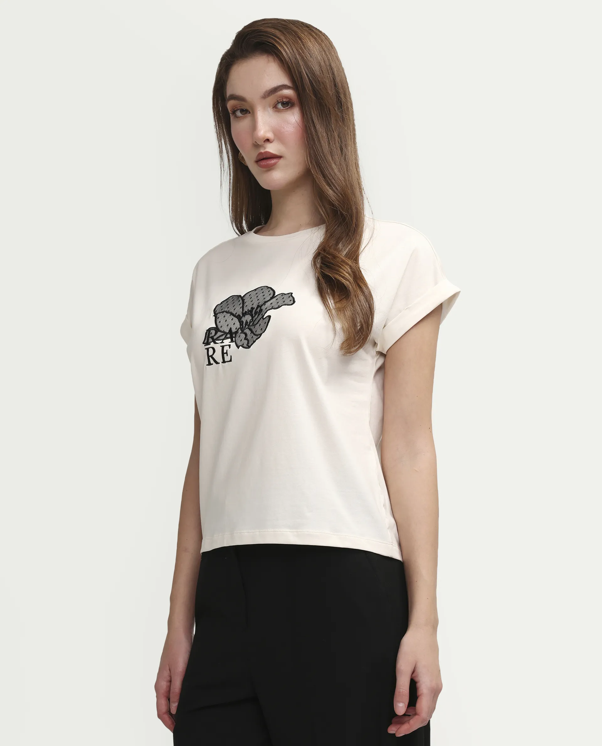 Rareism Women's Zools Off White Cotton Blend Half Sleeve Relaxed Fit Floral Print T-Shirt - Image 5
