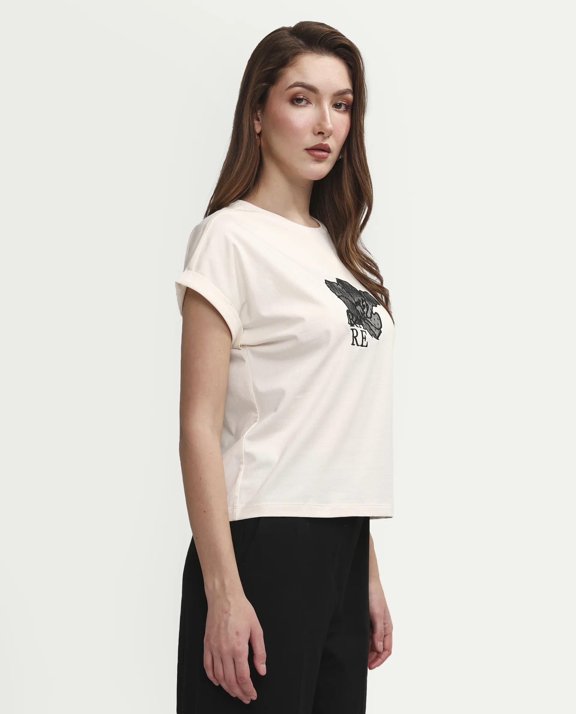 Rareism Women's Zools Off White Cotton Blend Half Sleeve Relaxed Fit Floral Print T-Shirt - Image 6