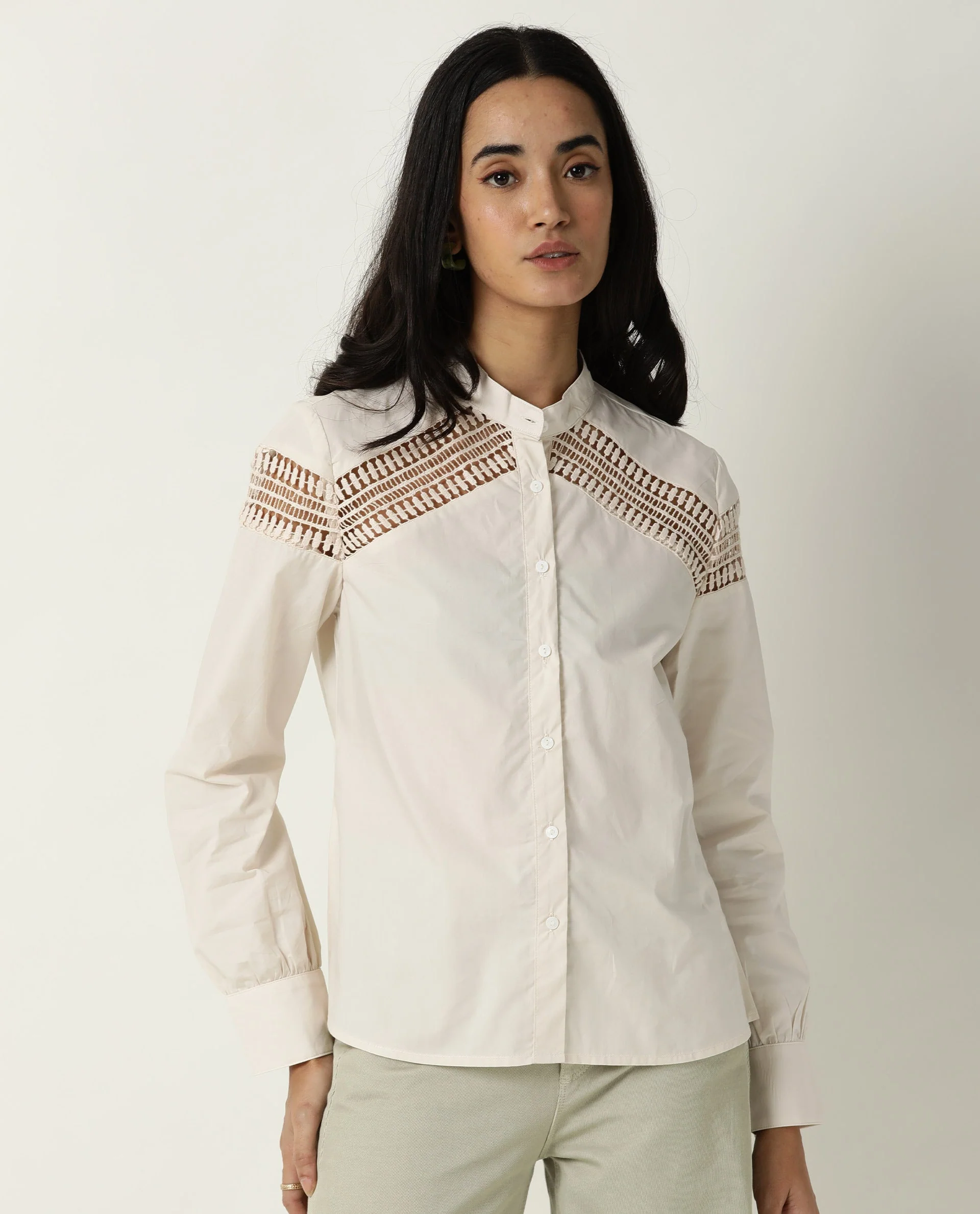 Rareism Women's Zoom Beige Cotton Mandarin Collar Plain Regular Fit Top