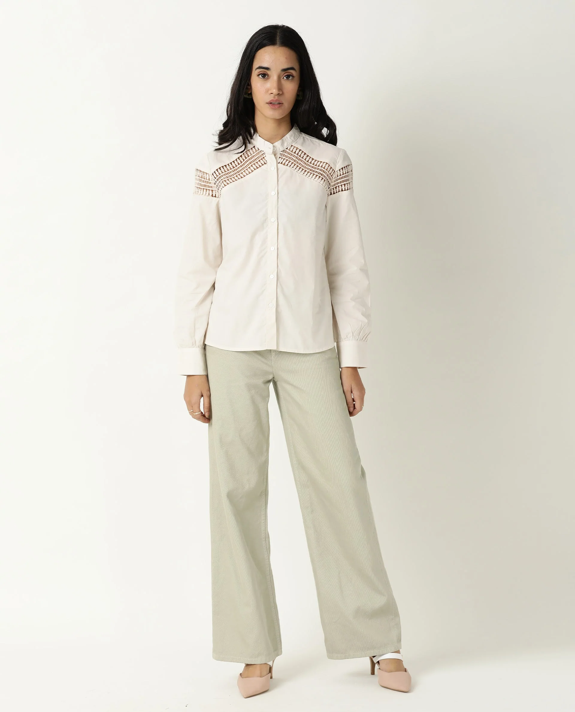 Rareism Women's Zoom Beige Cotton Mandarin Collar Plain Regular Fit Top - Image 2