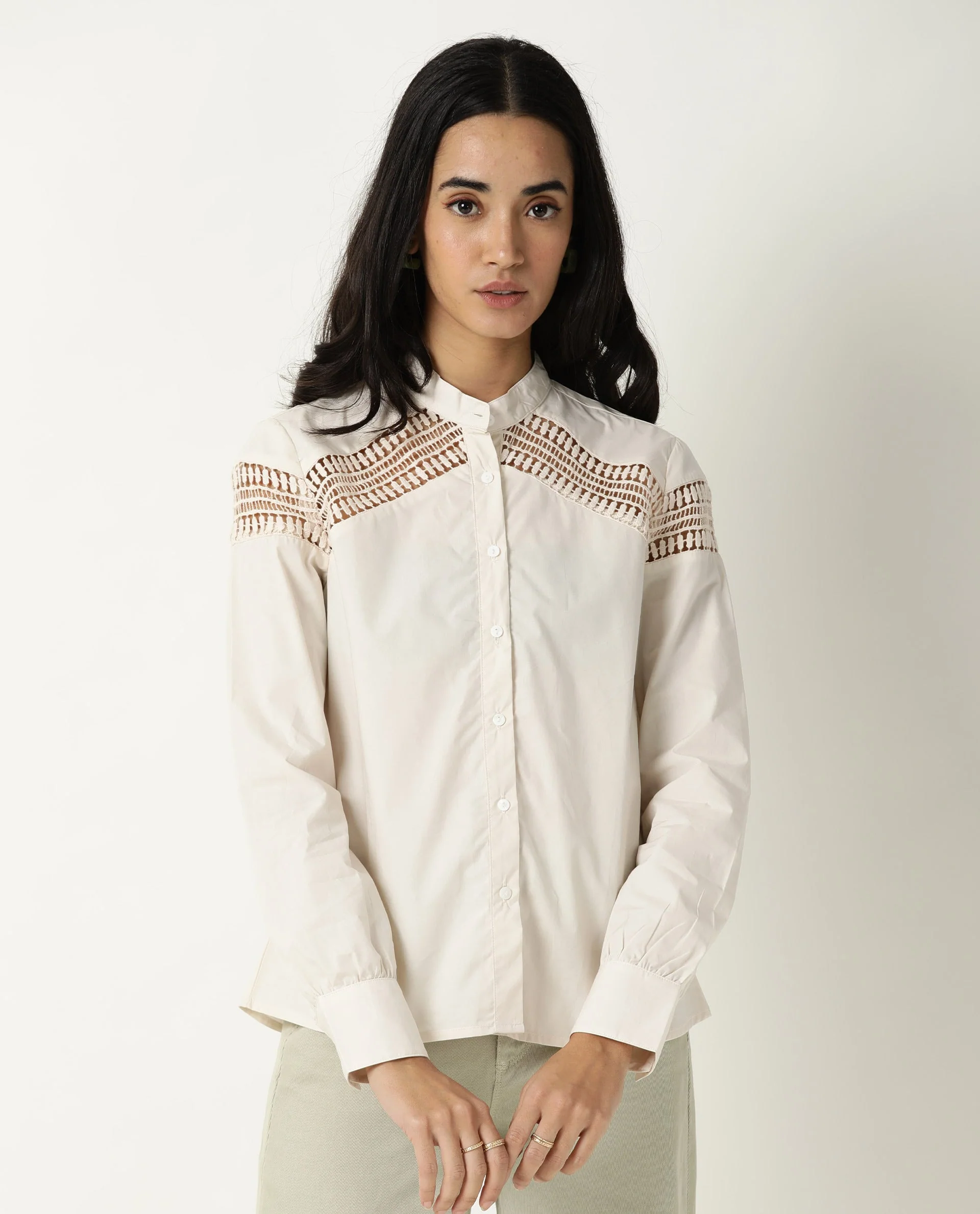 Rareism Women's Zoom Beige Cotton Mandarin Collar Plain Regular Fit Top - Image 3