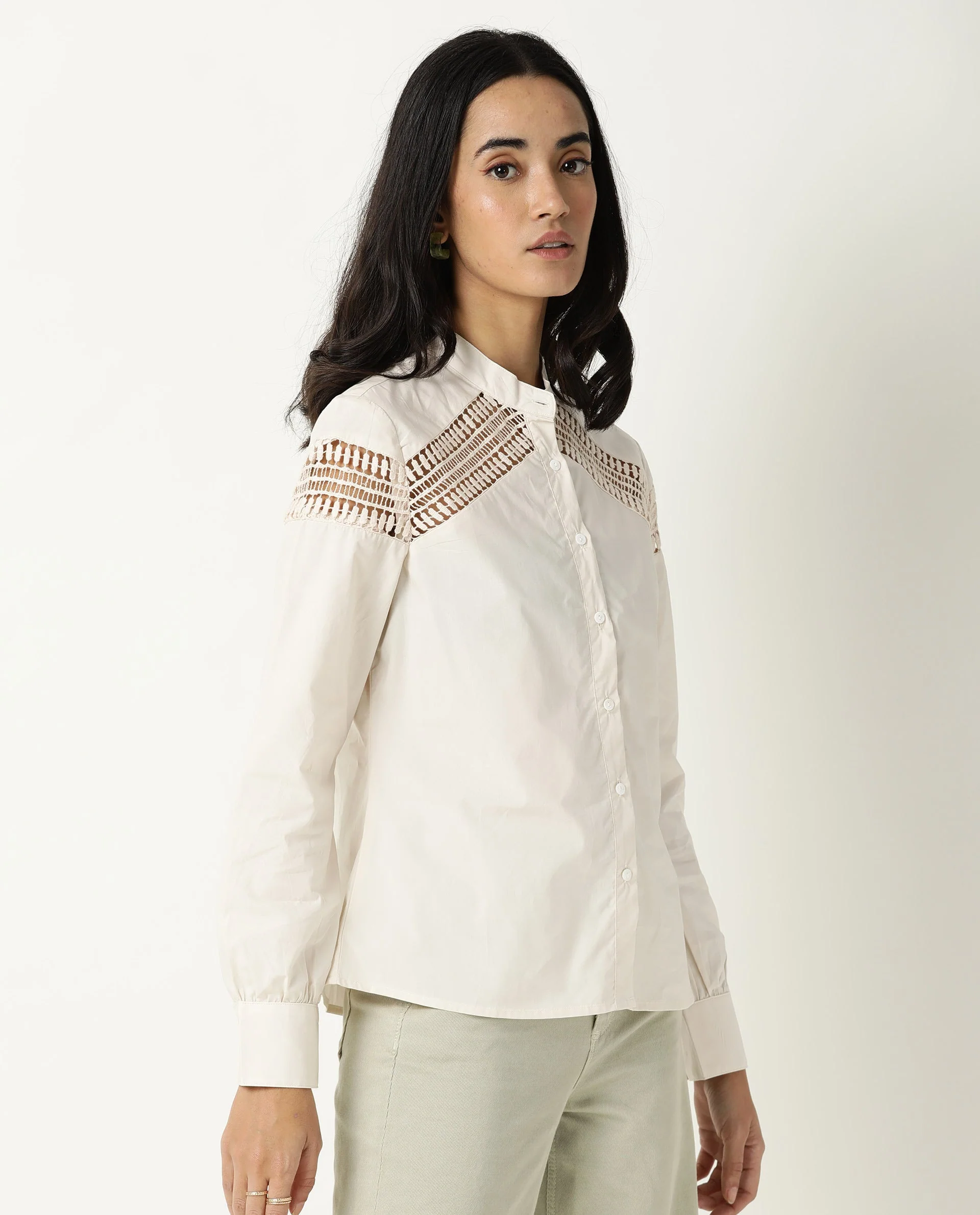 Rareism Women's Zoom Beige Cotton Mandarin Collar Plain Regular Fit Top - Image 4