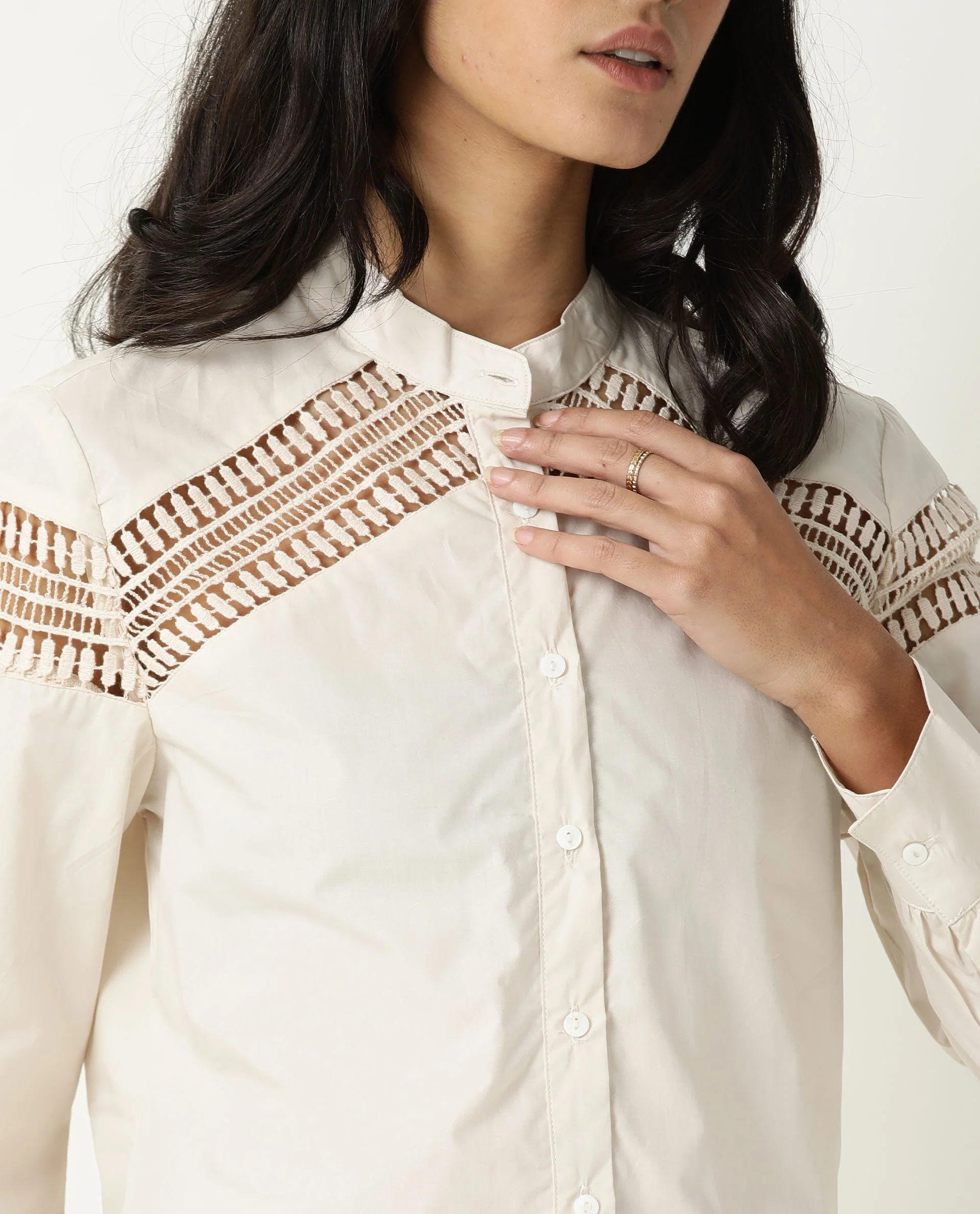 Rareism Women's Zoom Beige Cotton Mandarin Collar Plain Regular Fit Top - Image 5