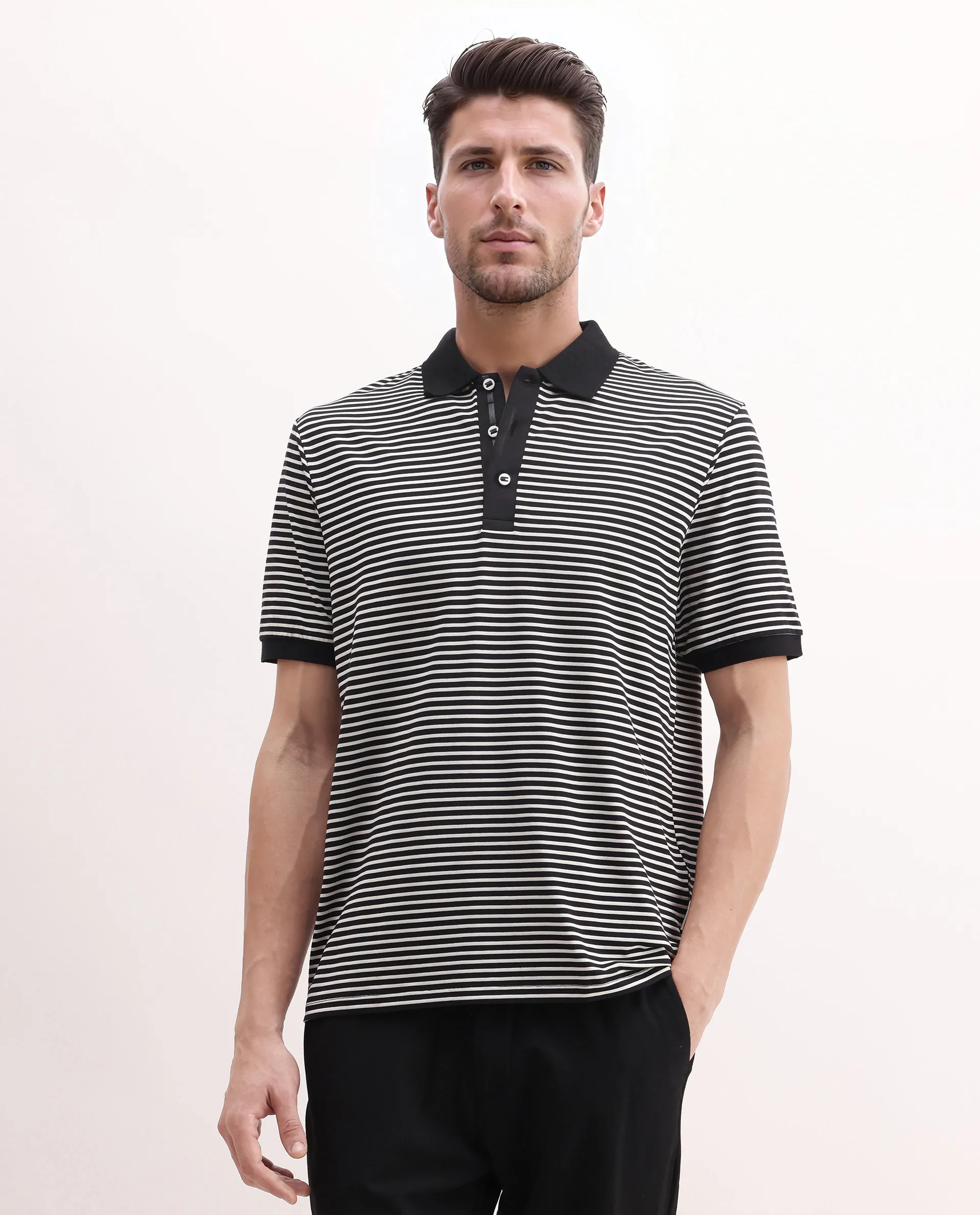 Rare Rabbit Men's Zop Navy Cotton Blend Striped Print Regular Fit Half Sleeve Polo - Image 3