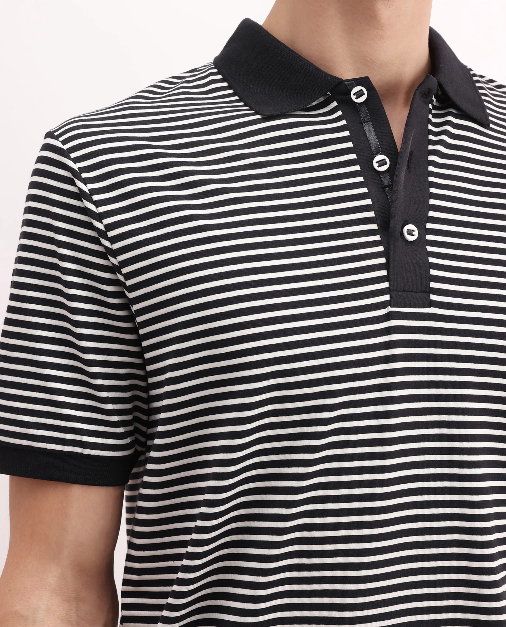 Rare Rabbit Men's Zop Navy Cotton Blend Striped Print Regular Fit Half Sleeve Polo - Image 4