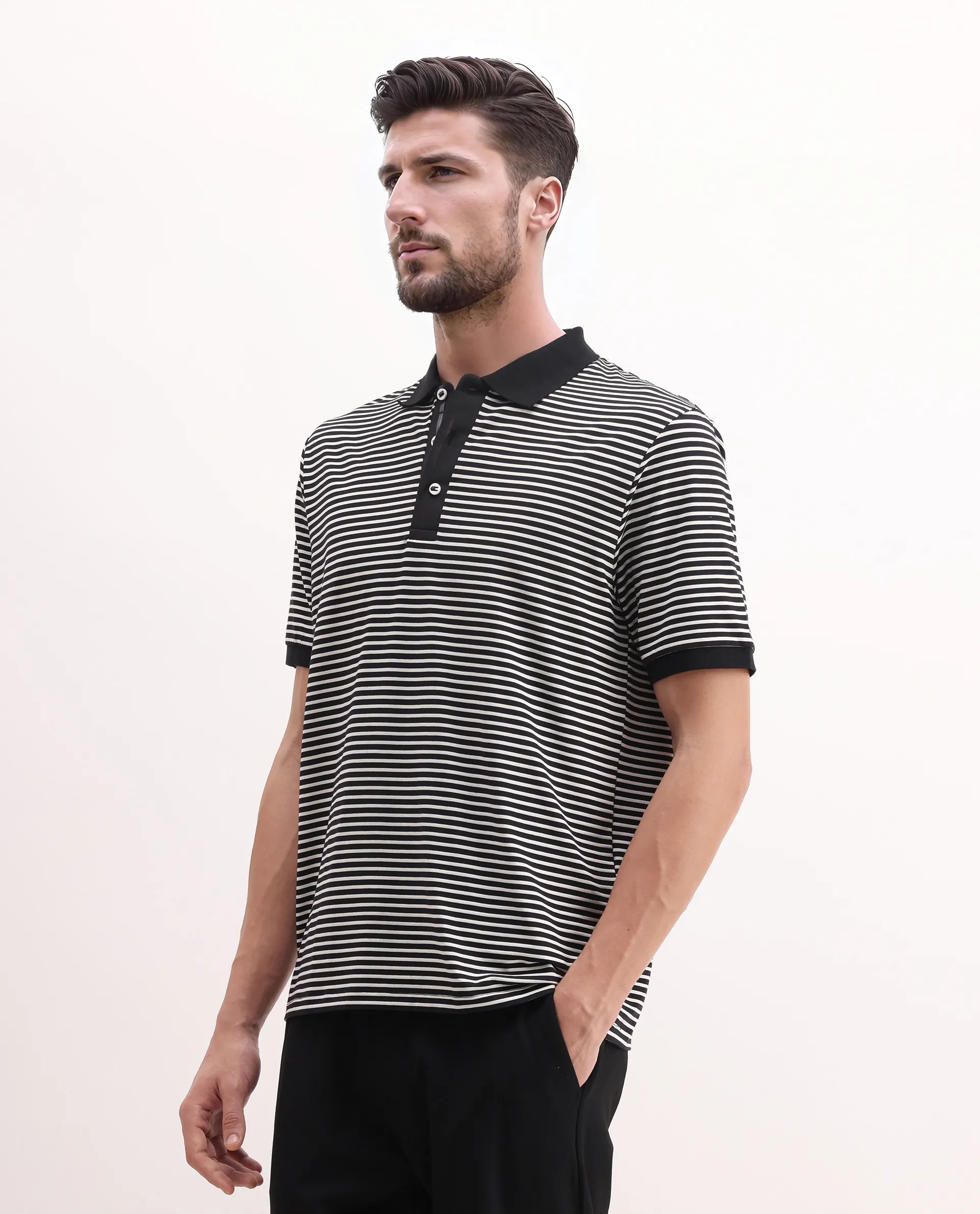Rare Rabbit Men's Zop Navy Cotton Blend Striped Print Regular Fit Half Sleeve Polo - Image 5