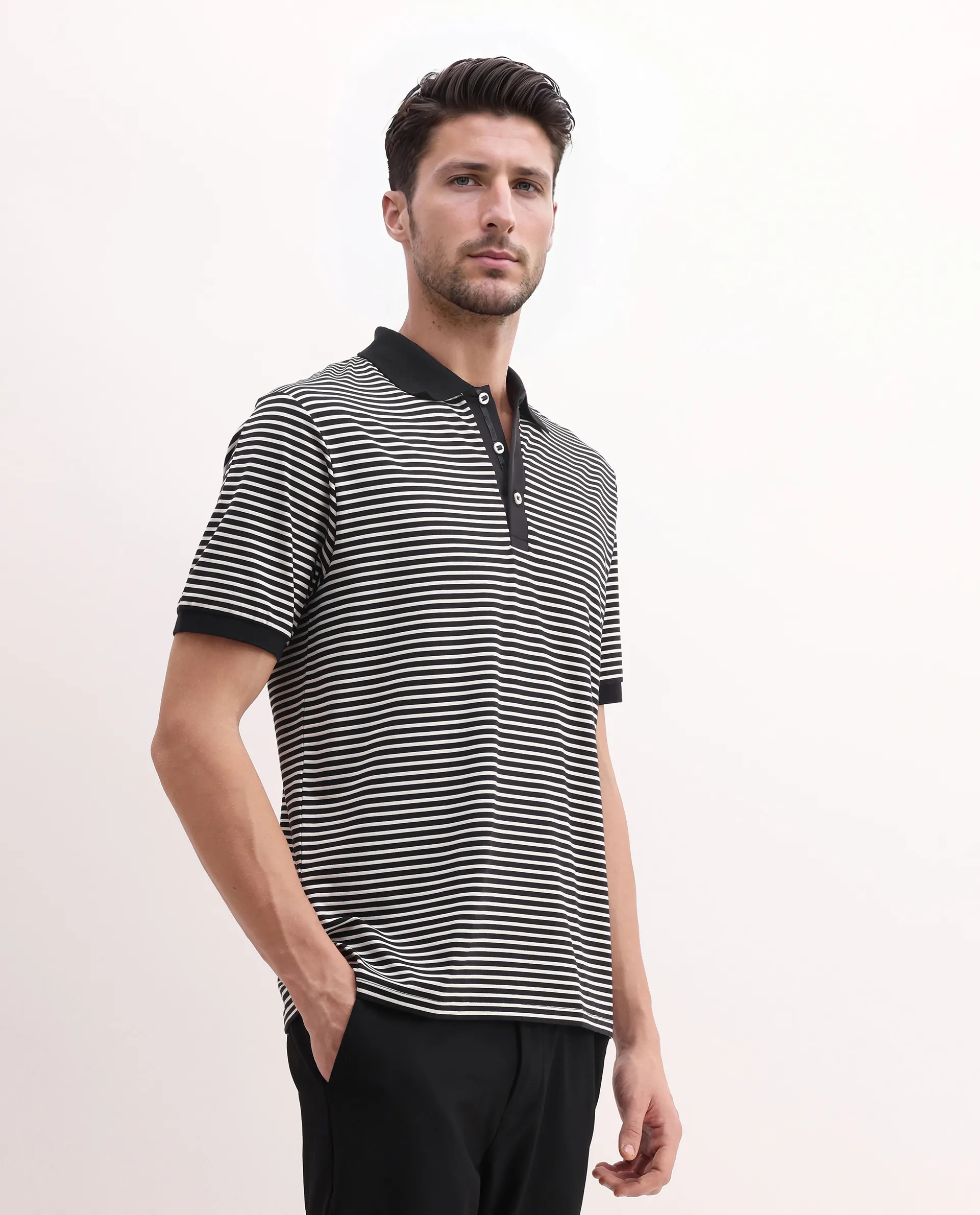 Rare Rabbit Men's Zop Navy Cotton Blend Striped Print Regular Fit Half Sleeve Polo - Image 6