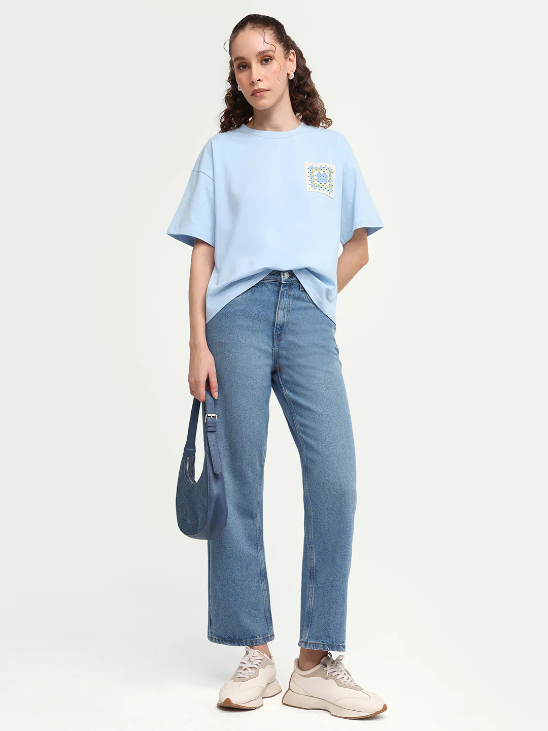 Rareism Women's Zoppy Light Blue Cotton Blend Crew Neck Pull-On Boxy Plain T-Shirt - Image 2