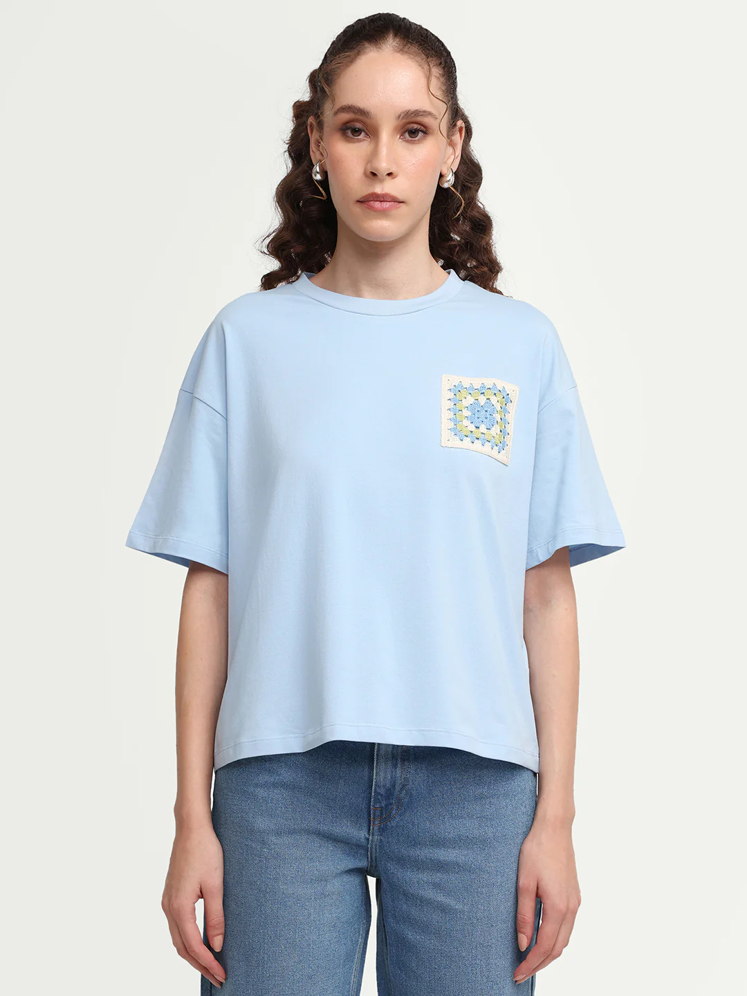 Rareism Women's Zoppy Light Blue Cotton Blend Crew Neck Pull-On Boxy Plain T-Shirt - Image 3