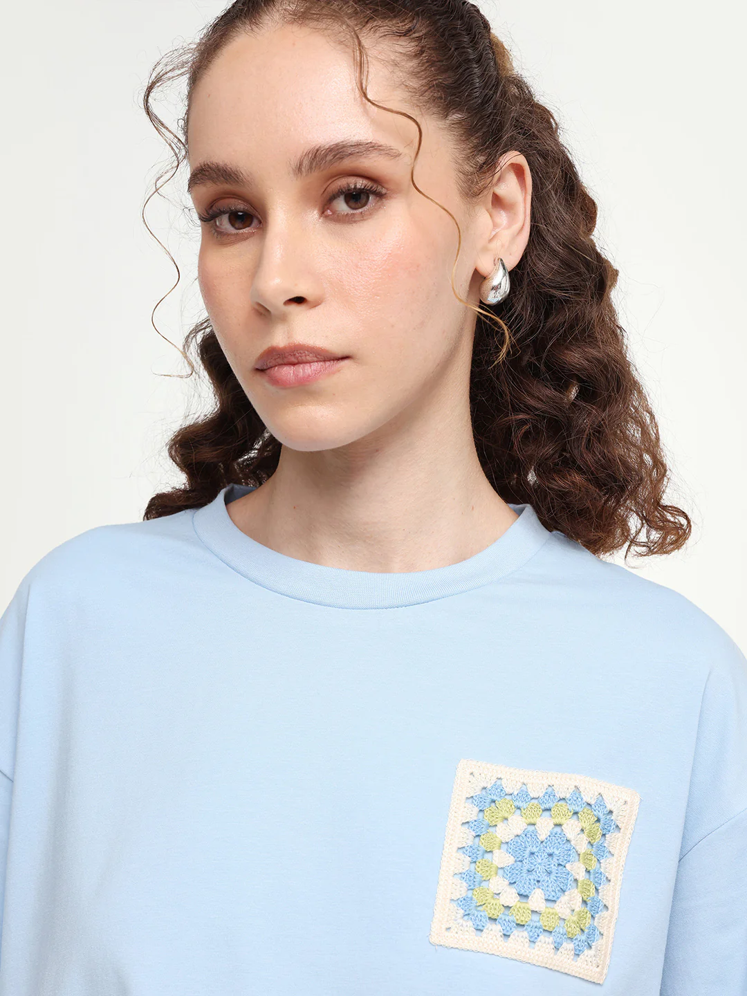 Rareism Women's Zoppy Light Blue Cotton Blend Crew Neck Pull-On Boxy Plain T-Shirt - Image 4