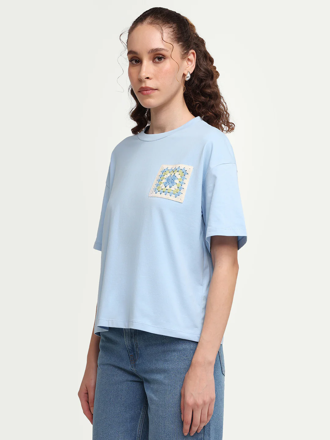 Rareism Women's Zoppy Light Blue Cotton Blend Crew Neck Pull-On Boxy Plain T-Shirt - Image 5