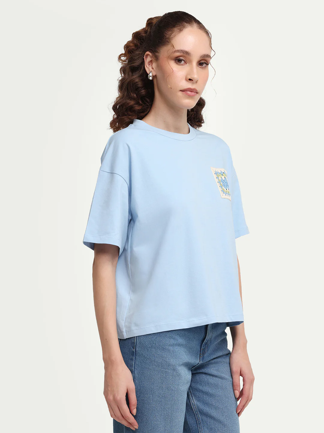 Rareism Women's Zoppy Light Blue Cotton Blend Crew Neck Pull-On Boxy Plain T-Shirt - Image 6