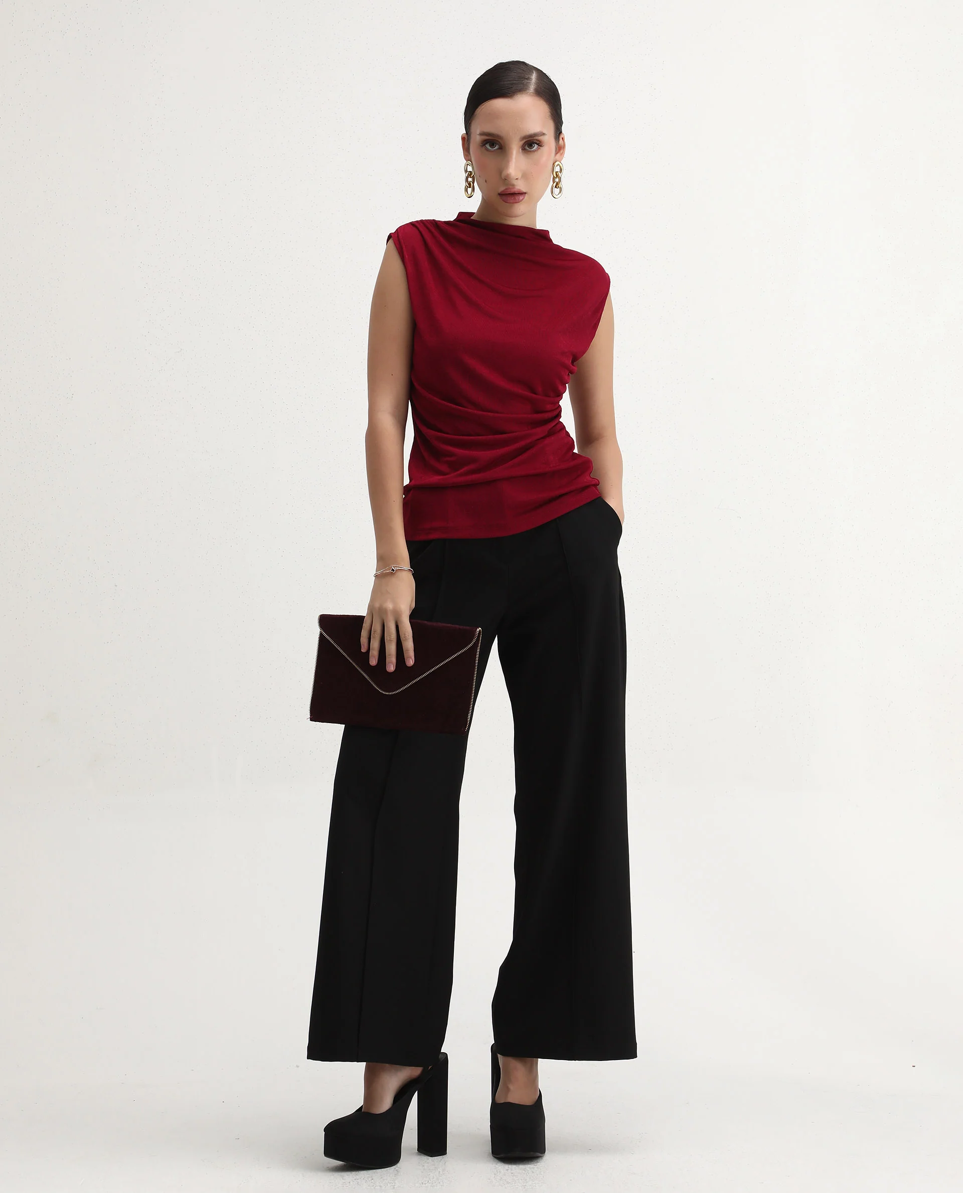 Rareism Women's Zoptus Dark Red Cotton High Neck Regular Fit Plain Top - Image 2