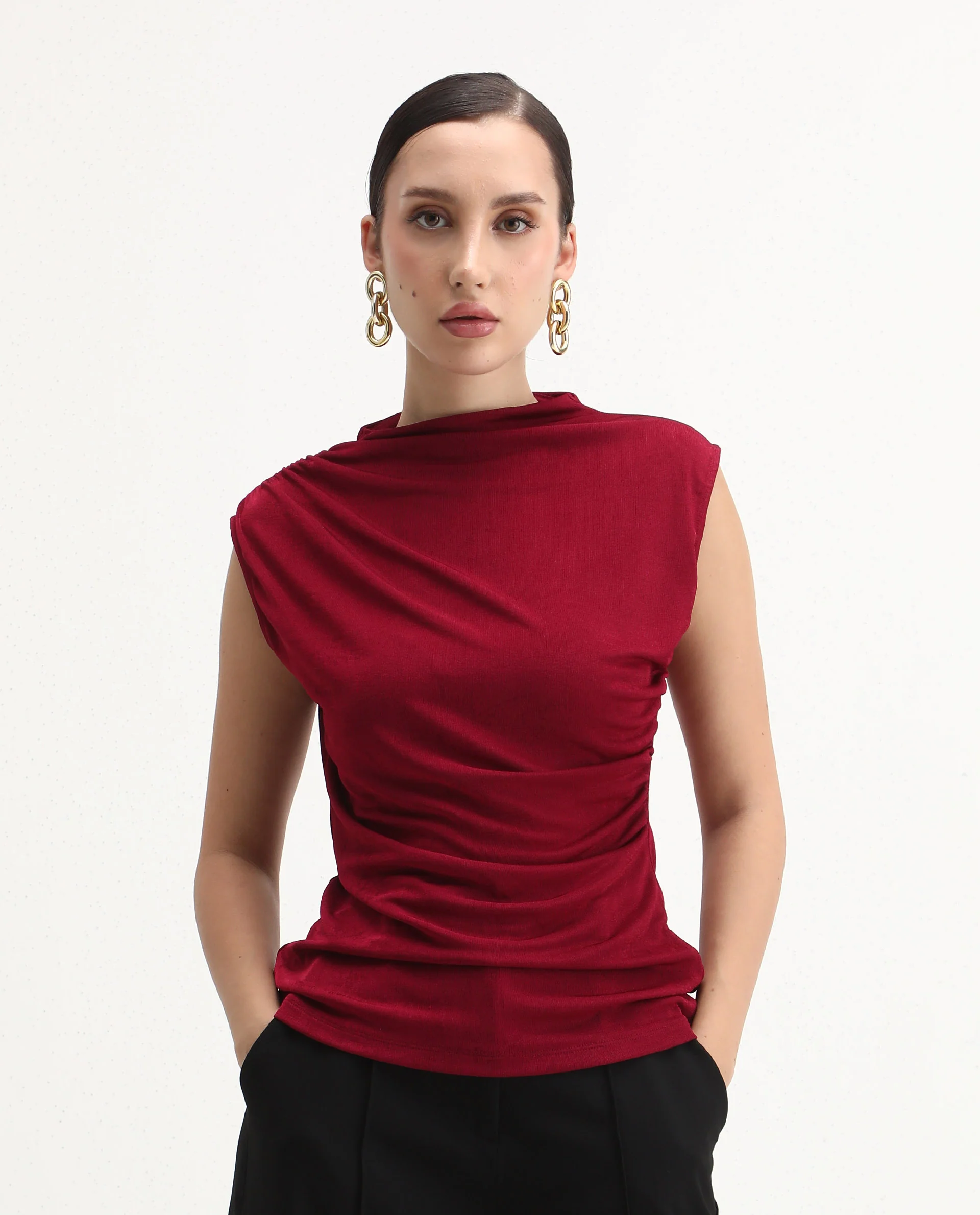 Rareism Women's Zoptus Dark Red Cotton High Neck Regular Fit Plain Top - Image 3