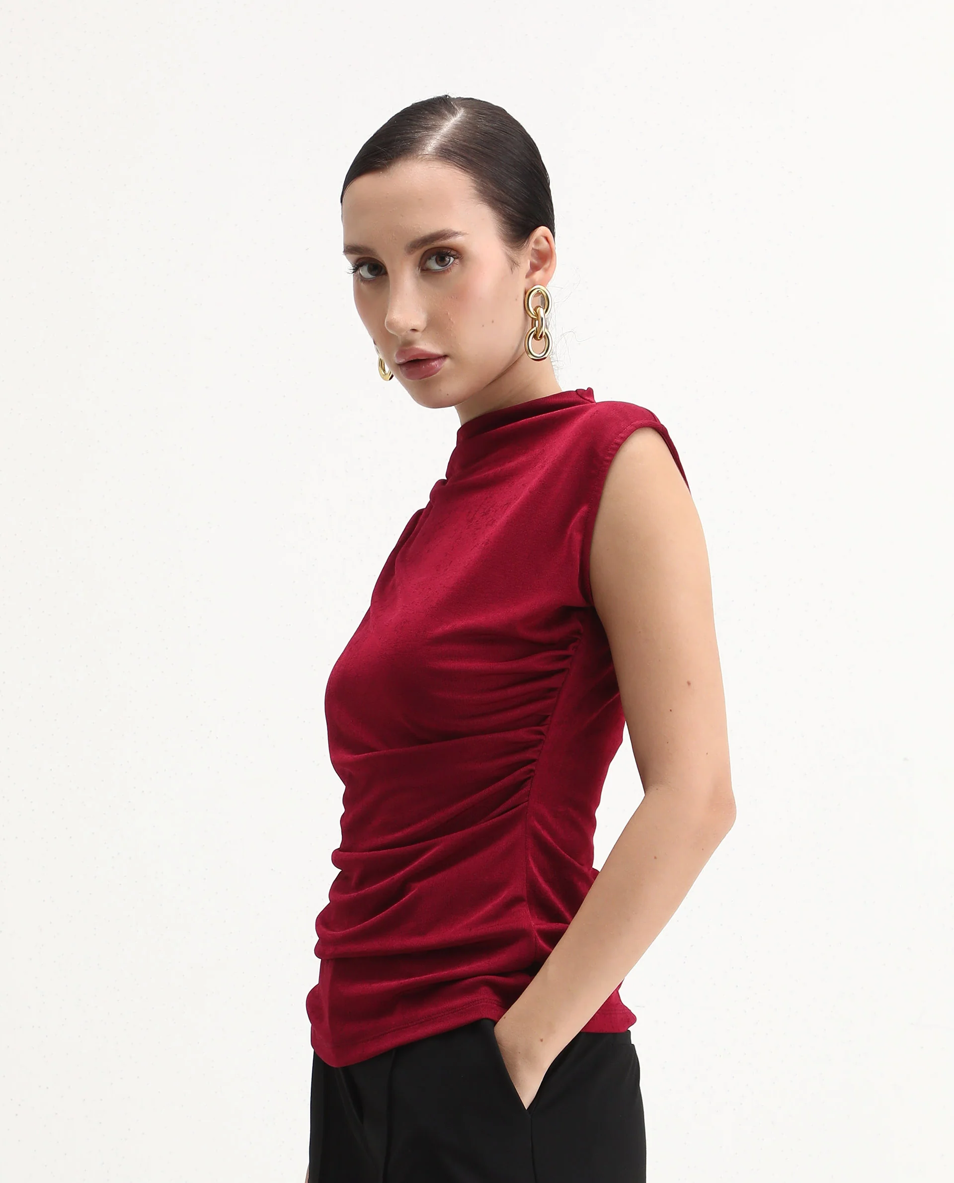 Rareism Women's Zoptus Dark Red Cotton High Neck Regular Fit Plain Top - Image 5