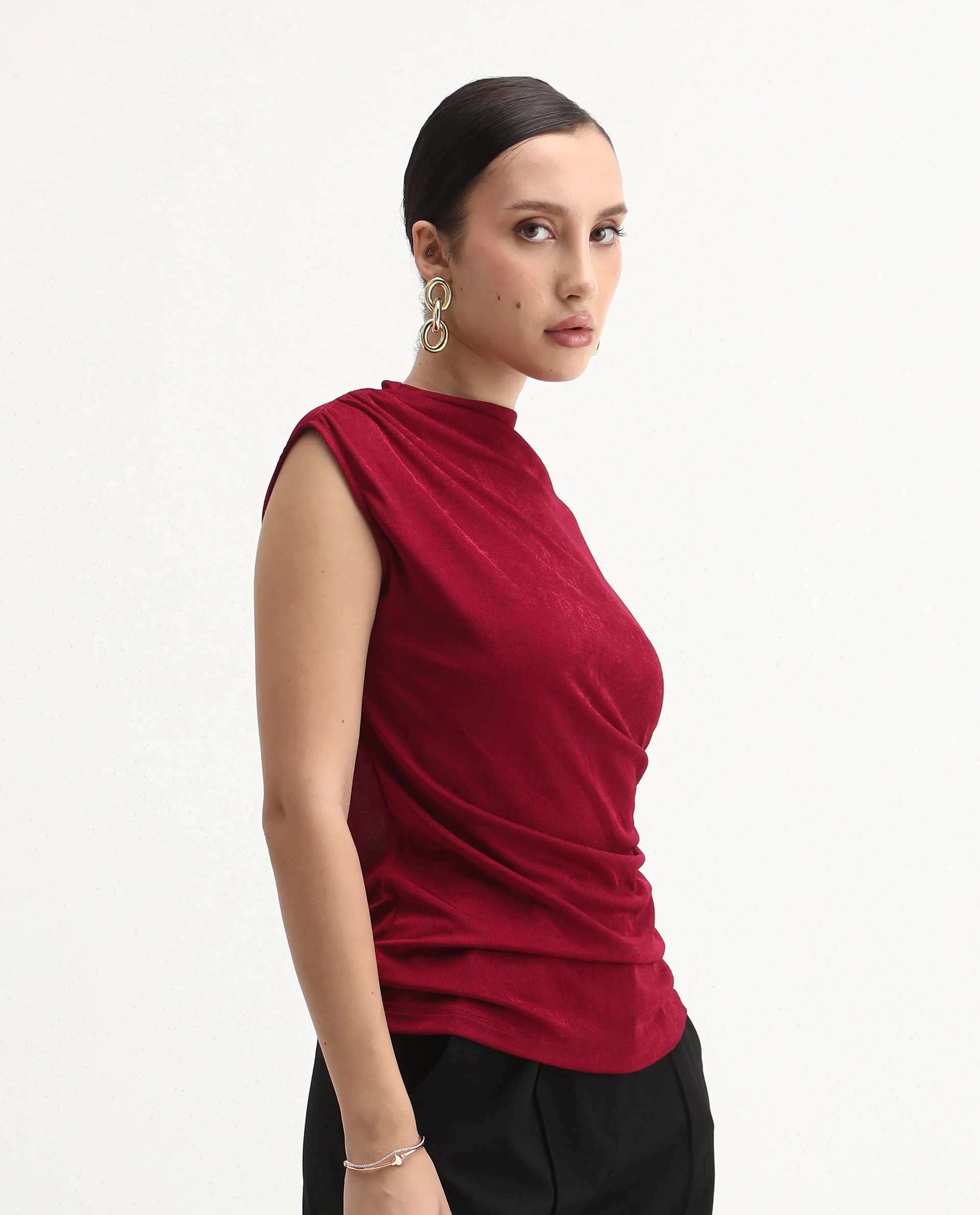 Rareism Women's Zoptus Dark Red Cotton High Neck Regular Fit Plain Top - Image 6