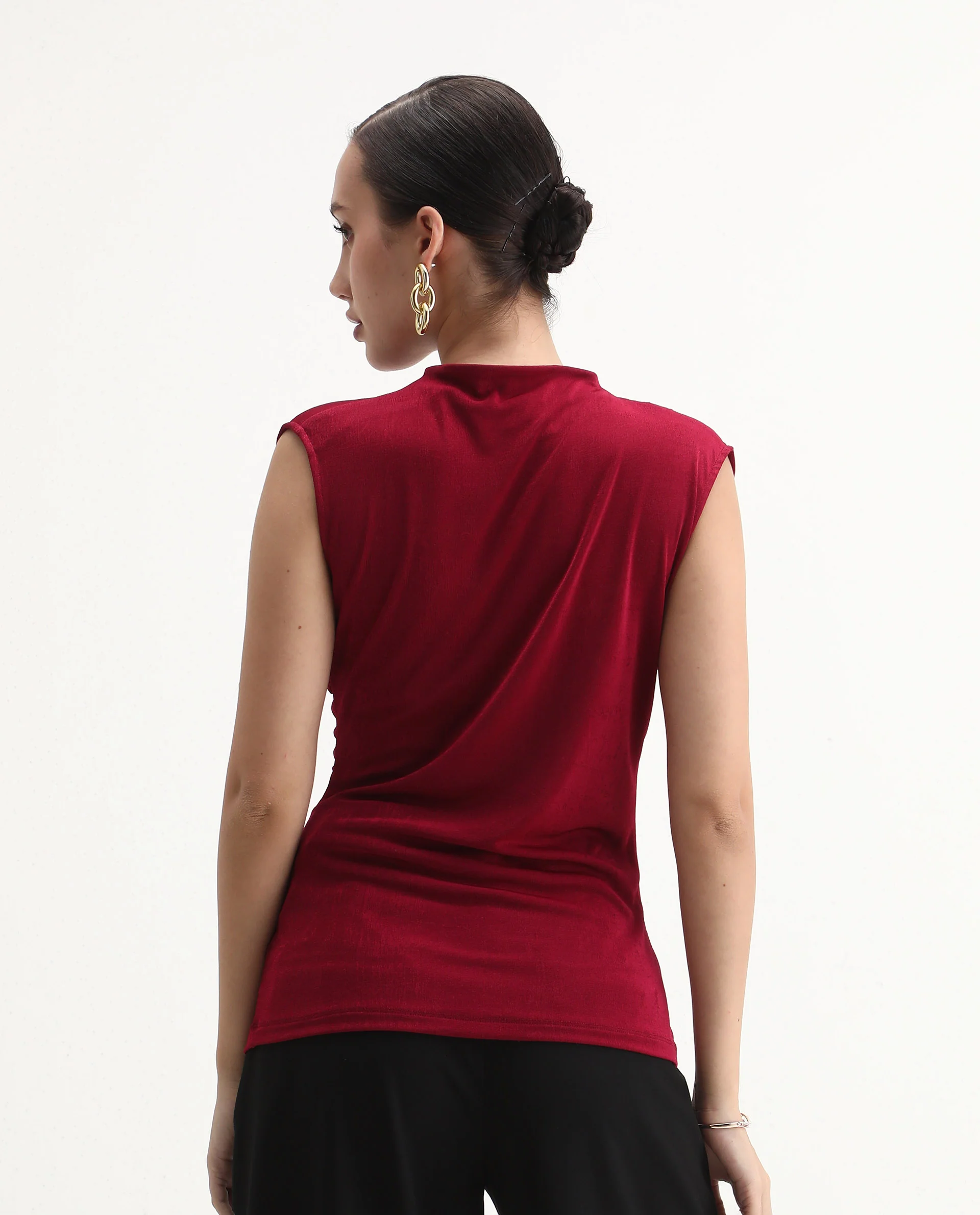Rareism Women's Zoptus Dark Red Cotton High Neck Regular Fit Plain Top - Image 7