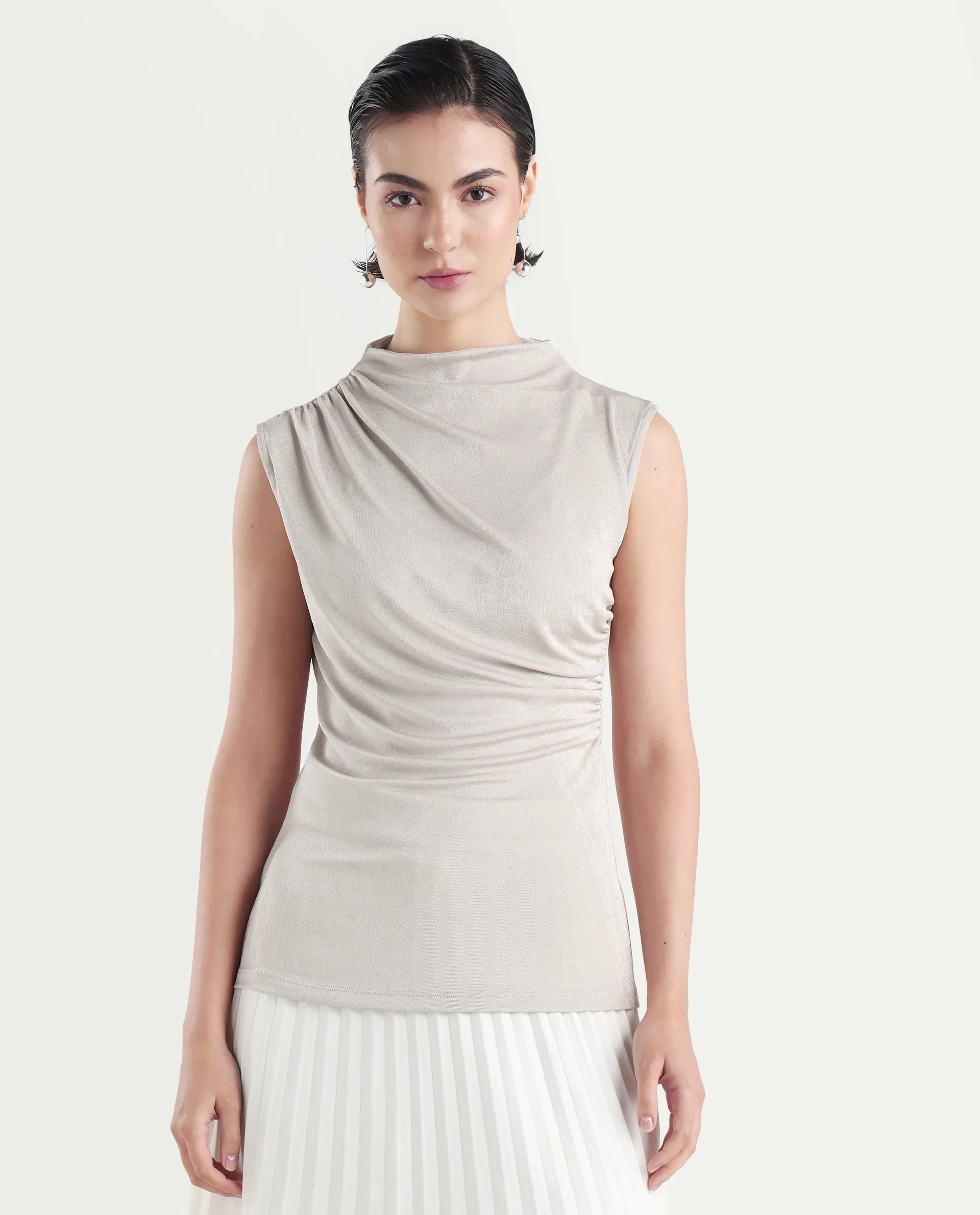 Rareism Women's Zoptus Light Beige Cotton High Neck Regular Fit Plain Top - Image 3