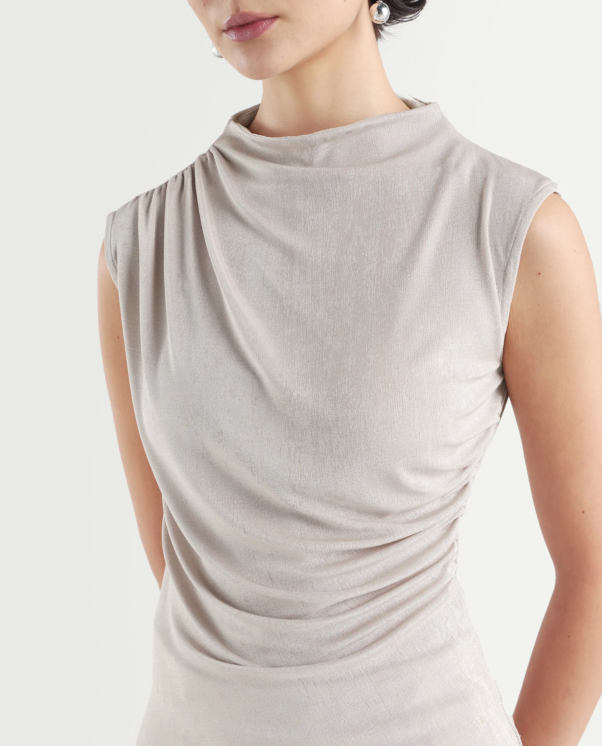 Rareism Women's Zoptus Light Beige Cotton High Neck Regular Fit Plain Top - Image 4