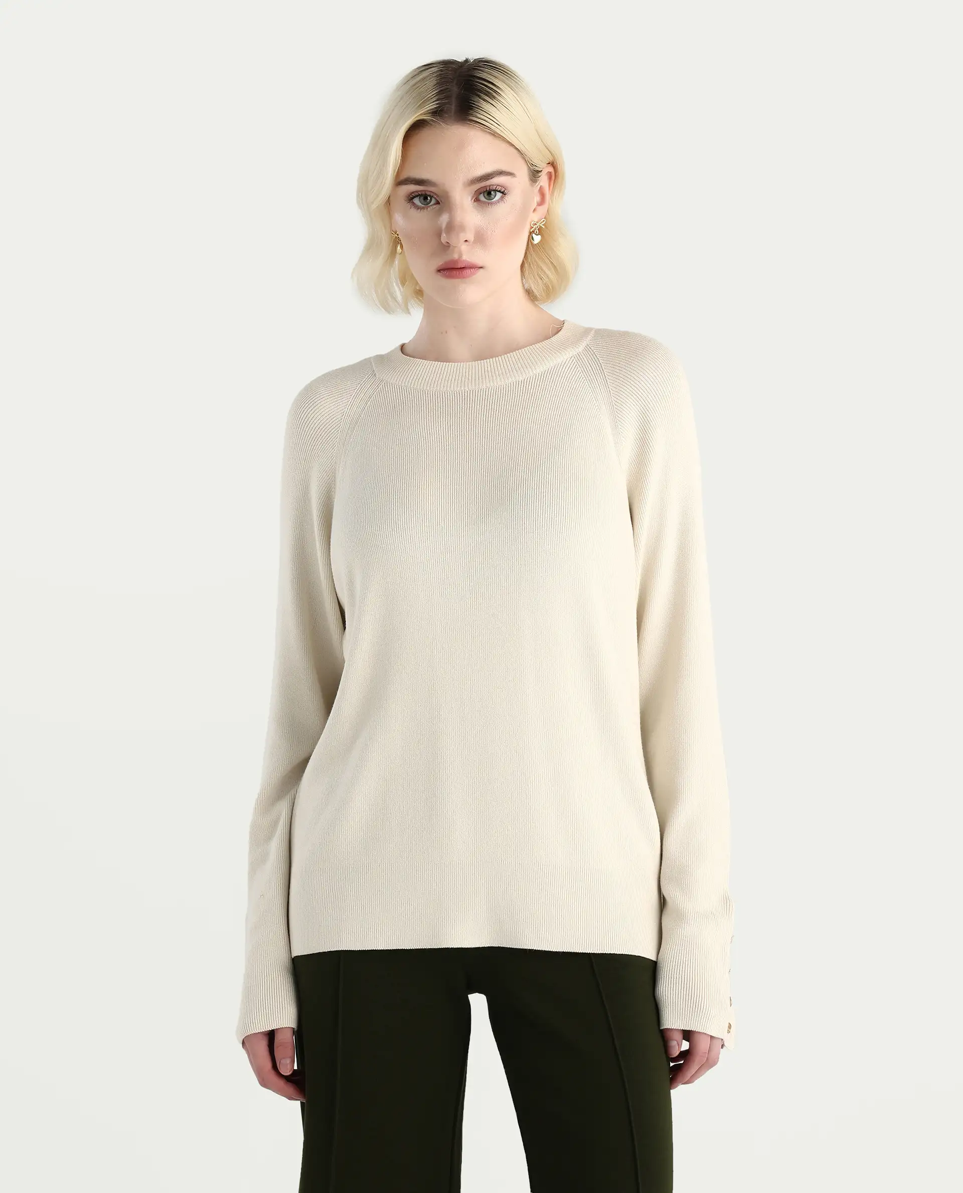 Rareism Women's Zora Off White Viscose Blend Crew Neck Relaxed Fit Sweater - Image 3