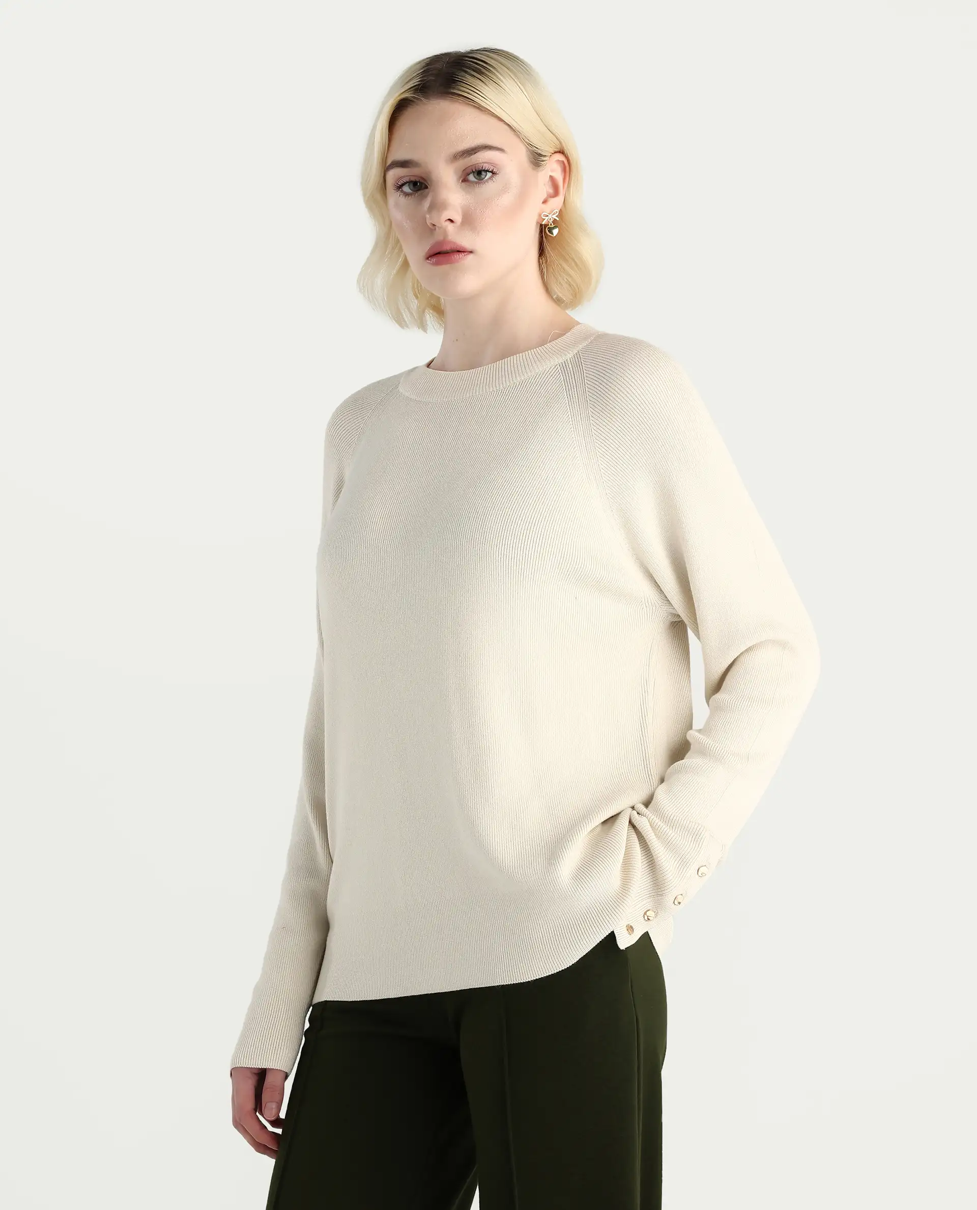 Rareism Women's Zora Off White Viscose Blend Crew Neck Relaxed Fit Sweater - Image 4