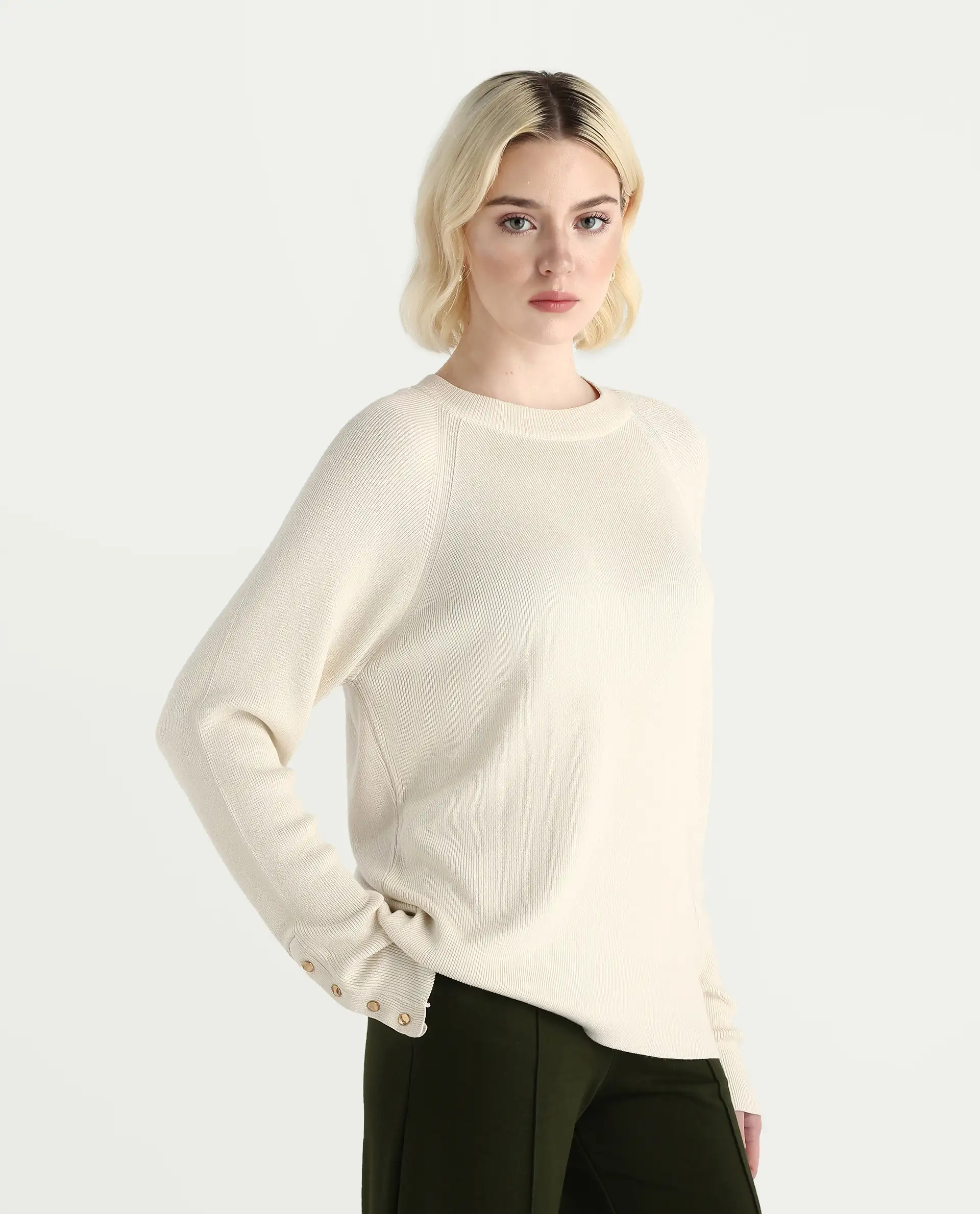 Rareism Women's Zora Off White Viscose Blend Crew Neck Relaxed Fit Sweater - Image 5