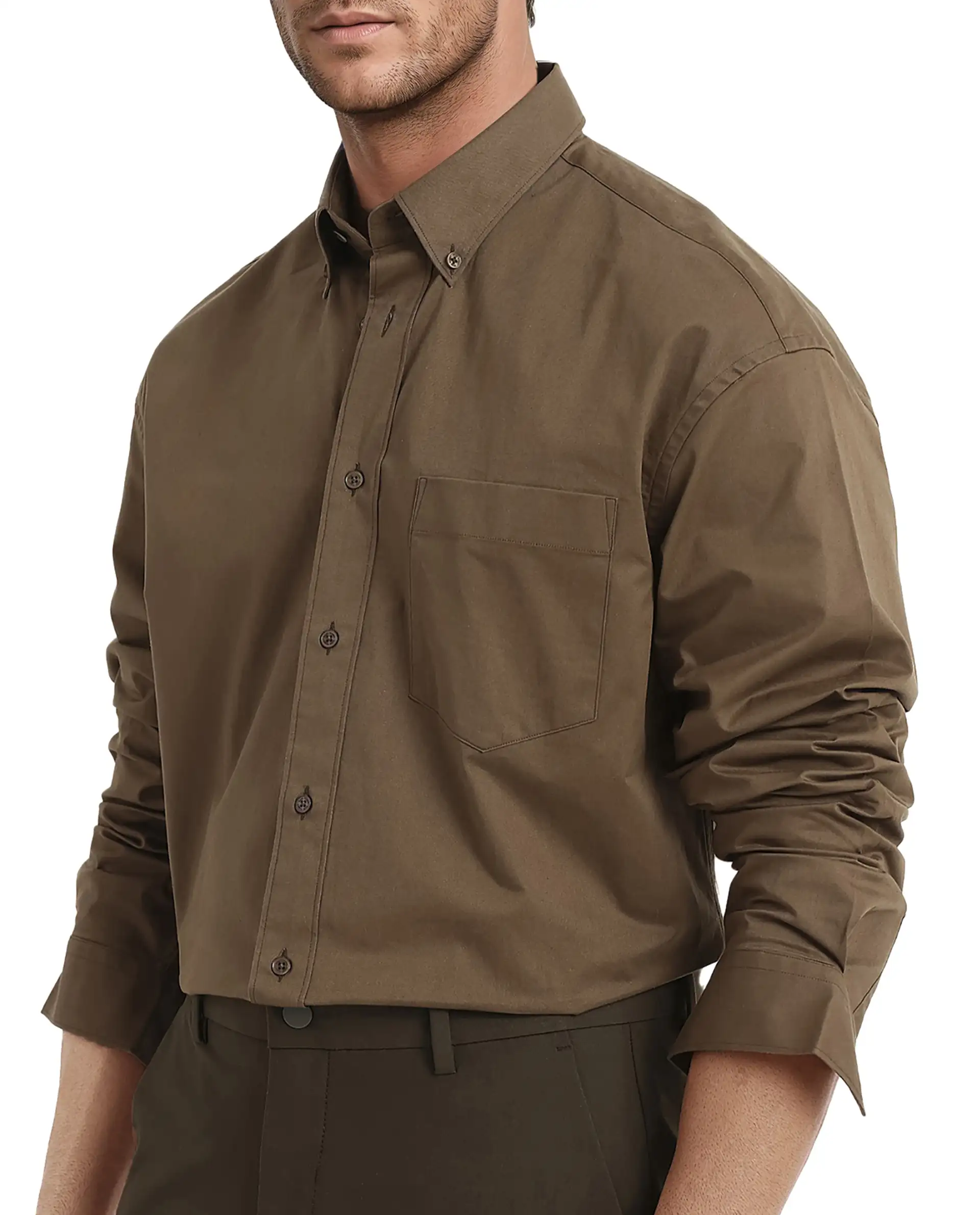 Rare Rabbit Men's Zord Brown Cotton Plain Boxy Fit Full Sleeve Collared Shirt - Image 3