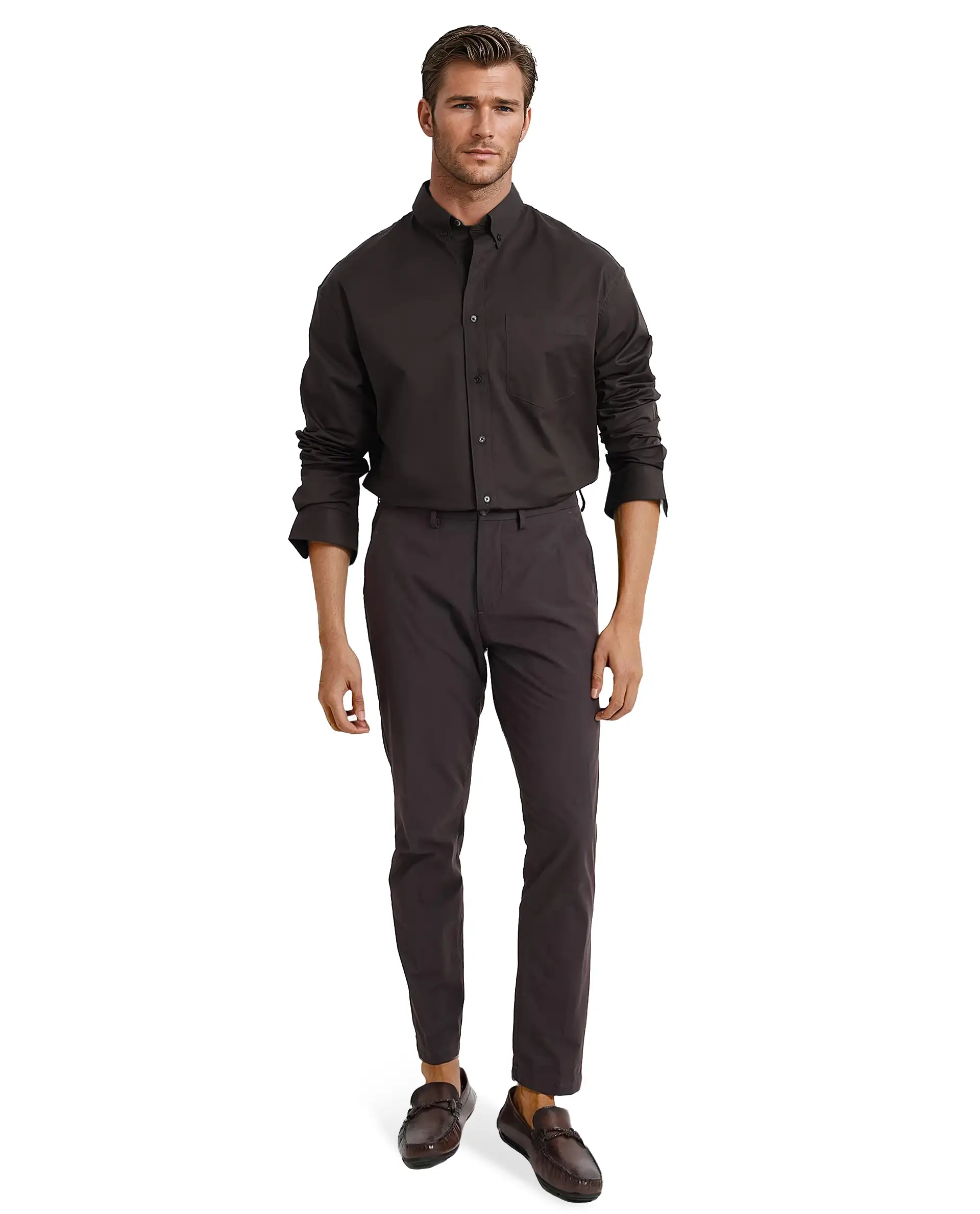 Rare Rabbit Men's Zord Dark Brown Cotton Plain Boxy Fit Full Sleeve Collared Shirt - Image 2