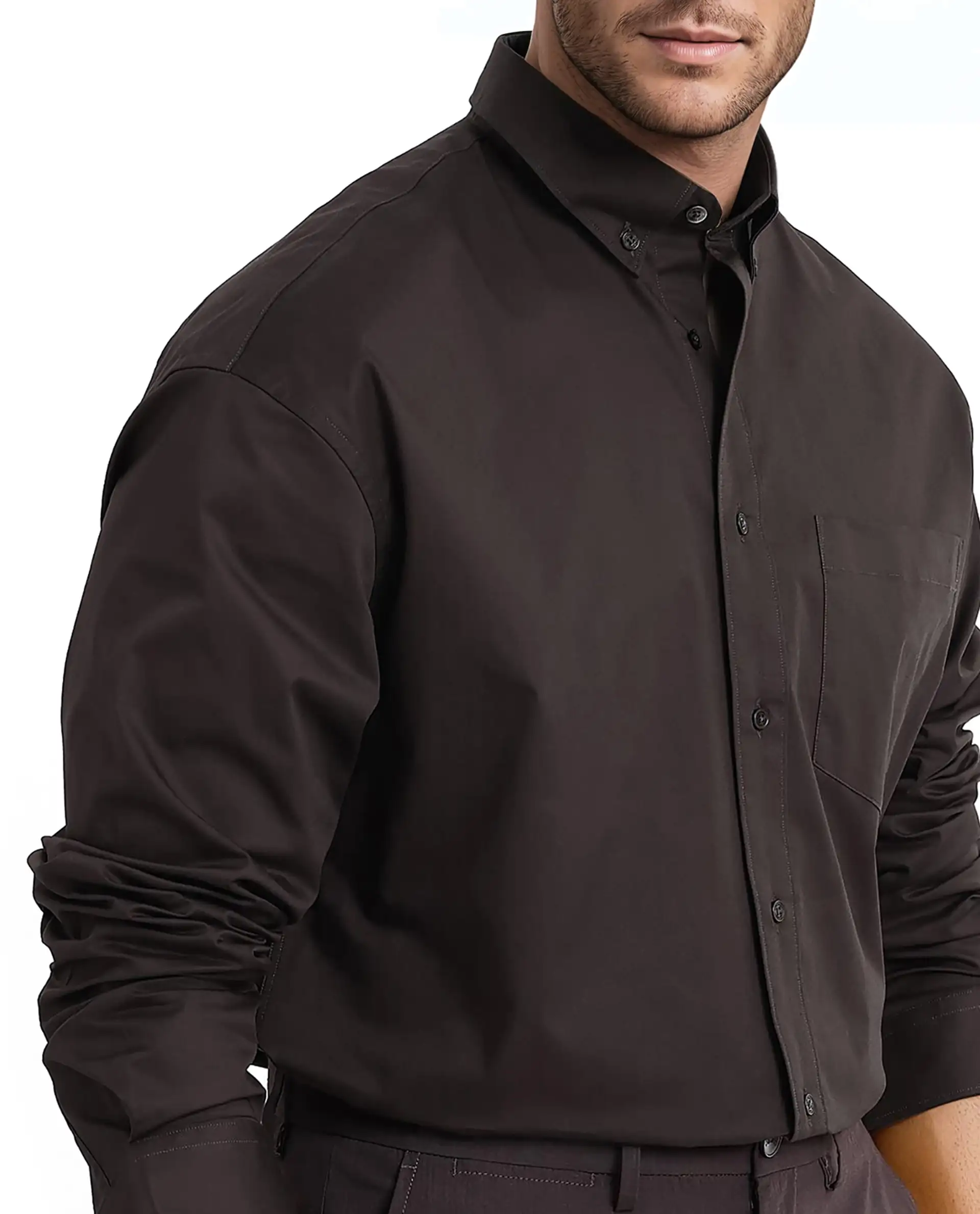 Rare Rabbit Men's Zord Dark Brown Cotton Plain Boxy Fit Full Sleeve Collared Shirt - Image 3