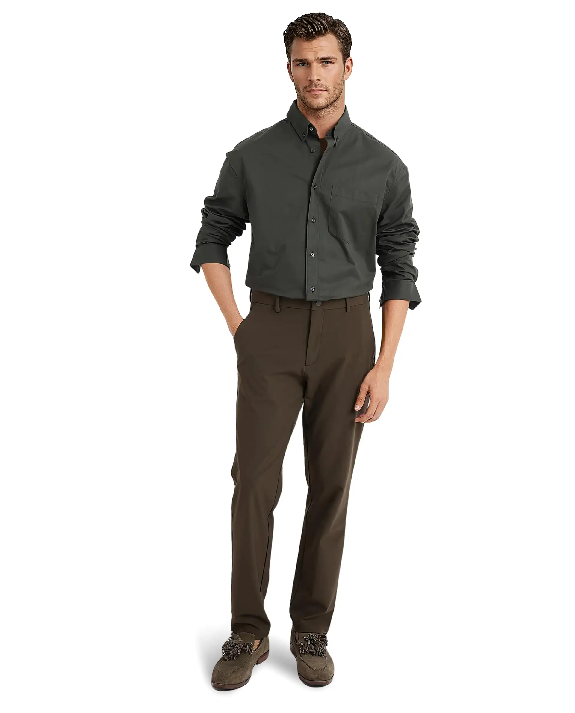 Rare Rabbit Men's Zord Dark Olive Cotton Plain Boxy Fit Full Sleeve Collared Shirt - Image 2