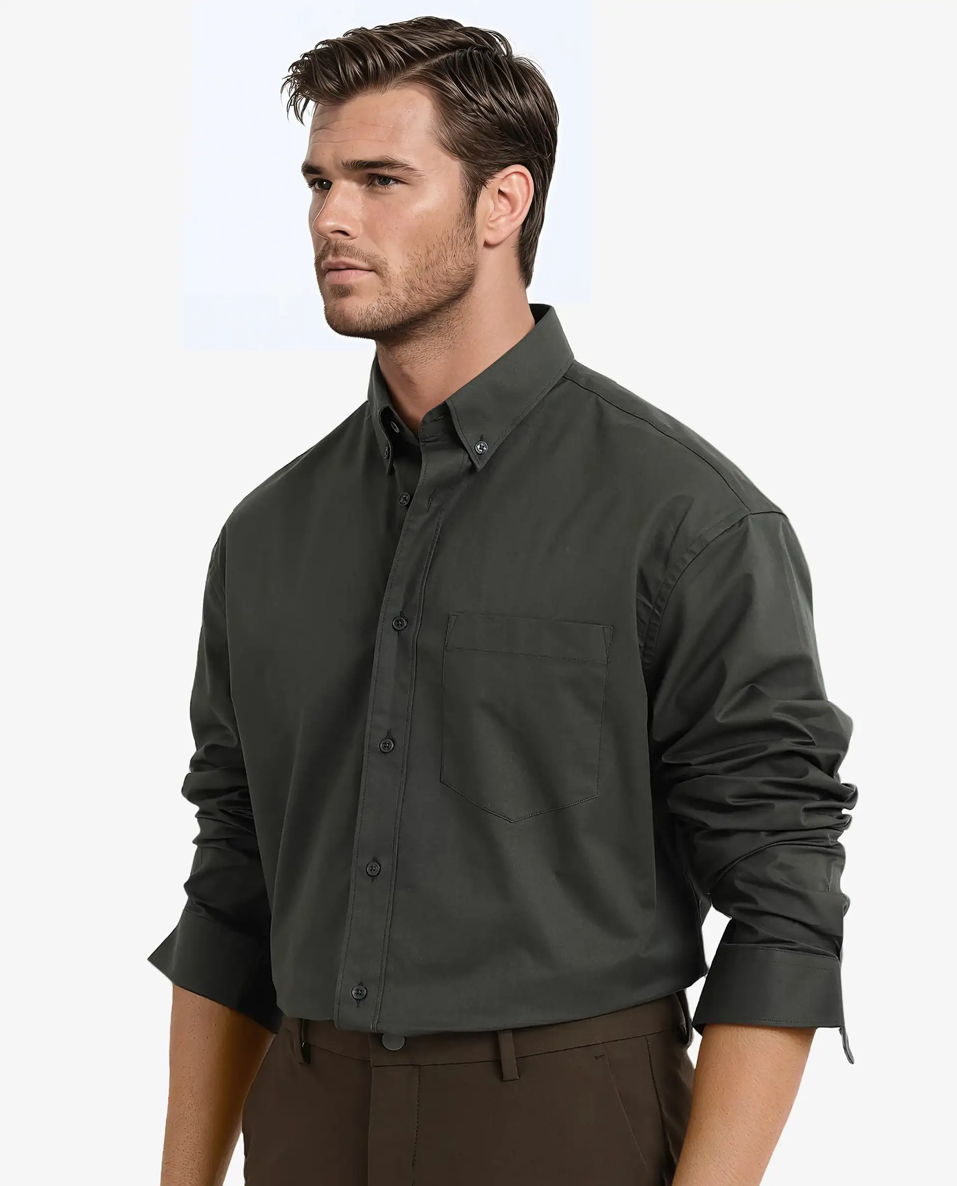 Rare Rabbit Men's Zord Dark Olive Cotton Plain Boxy Fit Full Sleeve Collared Shirt - Image 7