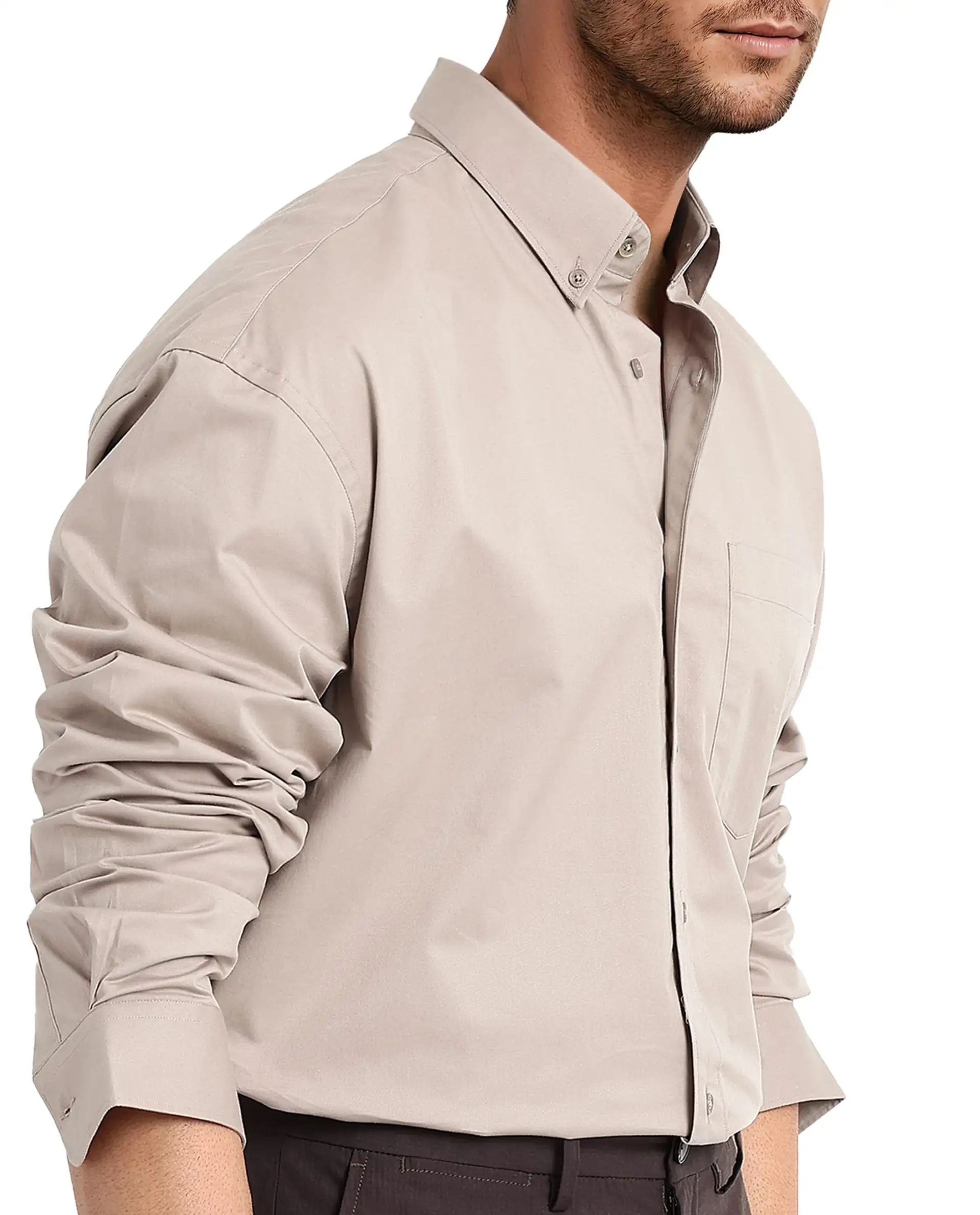 Rare Rabbit Men's Zord Light Beige Cotton Plain Boxy Fit Full Sleeve Collared Shirt - Image 3