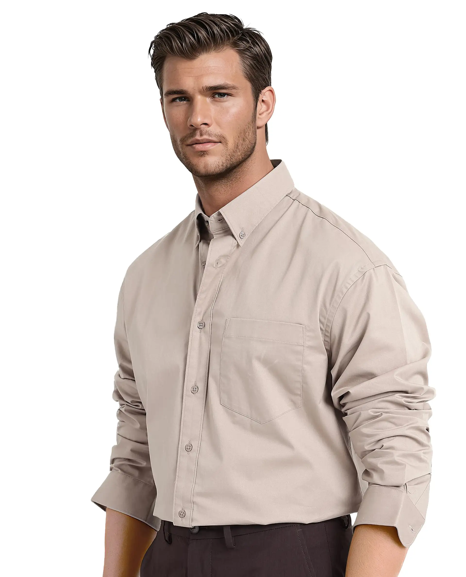 Rare Rabbit Men's Zord Light Beige Cotton Plain Boxy Fit Full Sleeve Collared Shirt - Image 7