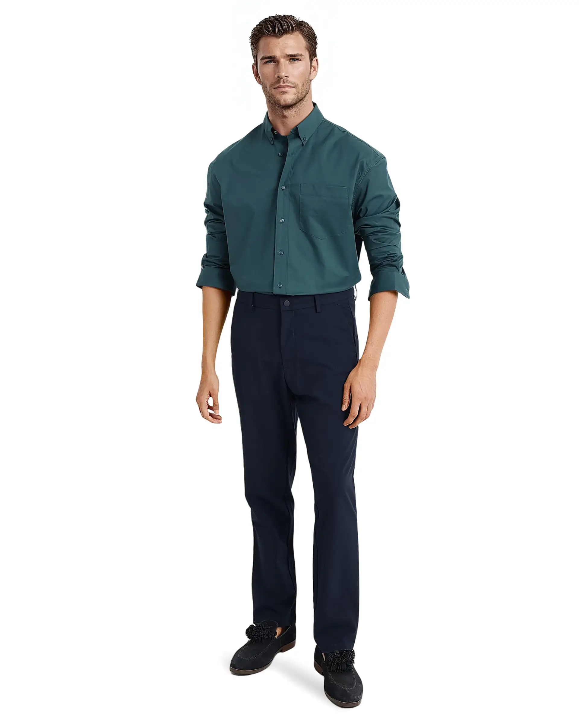 Rare Rabbit Men's Zord Teal Cotton Plain Boxy Fit Full Sleeve Collared Shirt - Image 2