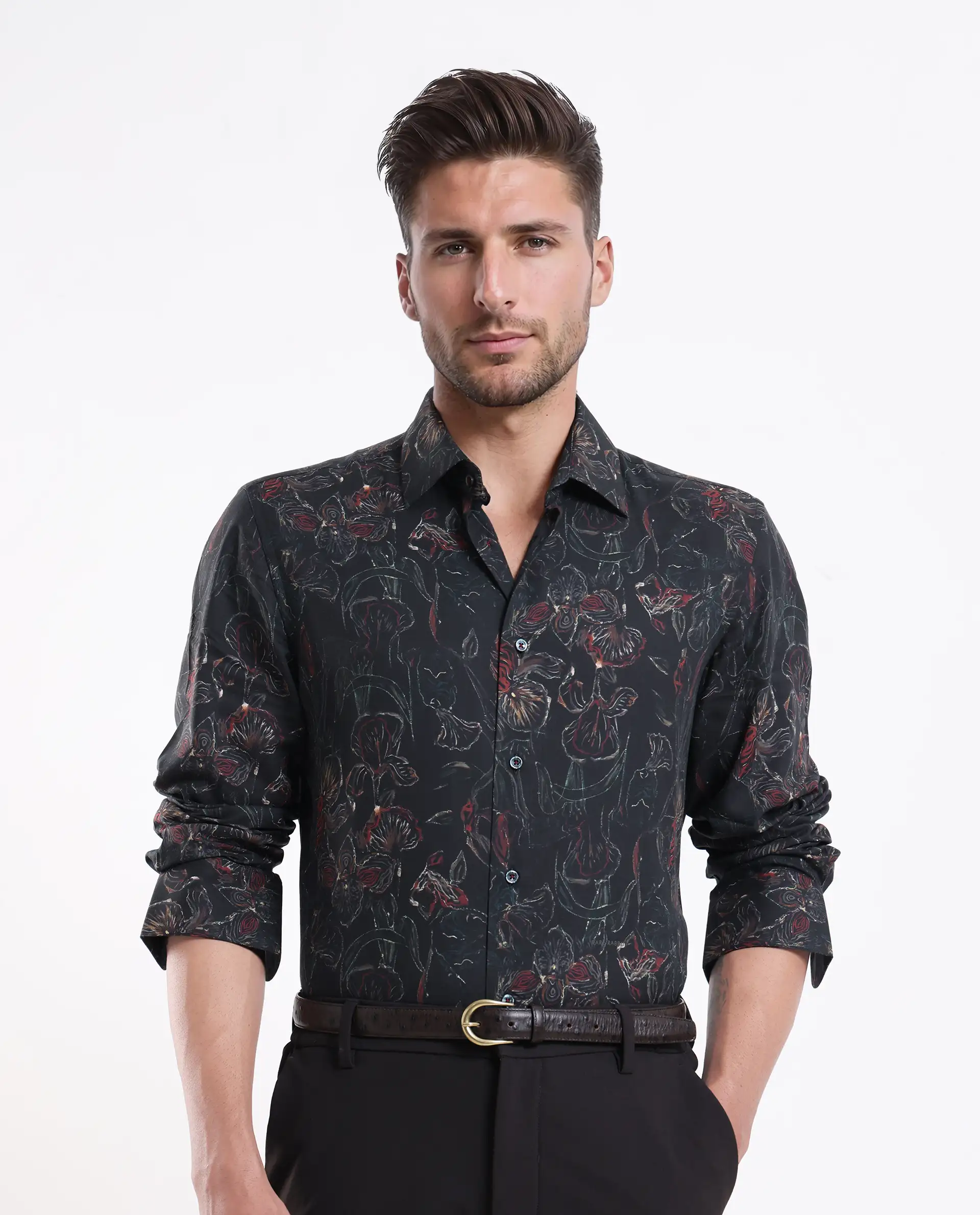 Rare Rabbit Men's Zoric Black Cotton Blend Fabric Full Sleeve Collared Neck Floral Print Shirt