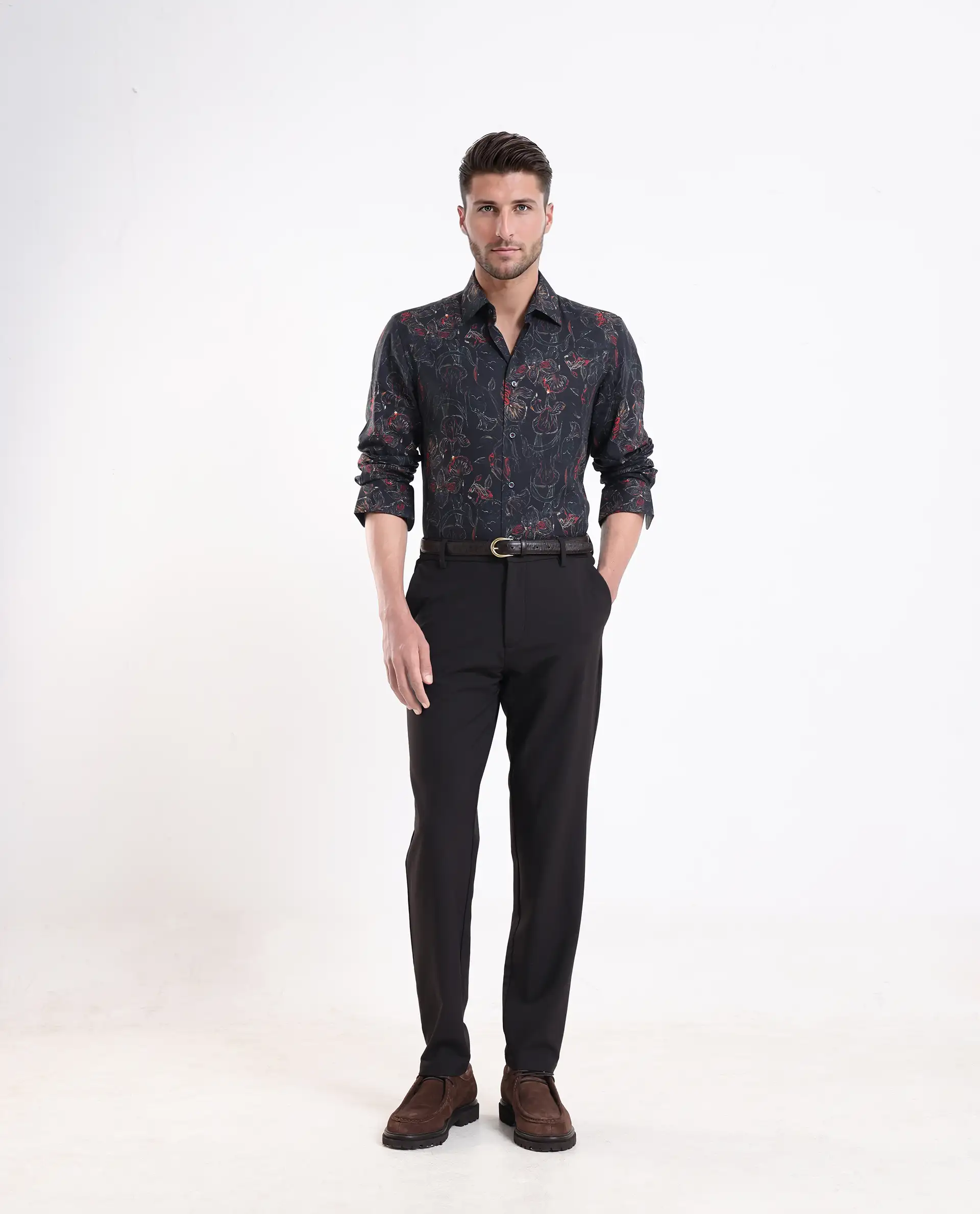 Rare Rabbit Men's Zoric Black Cotton Blend Fabric Full Sleeve Collared Neck Floral Print Shirt - Image 2