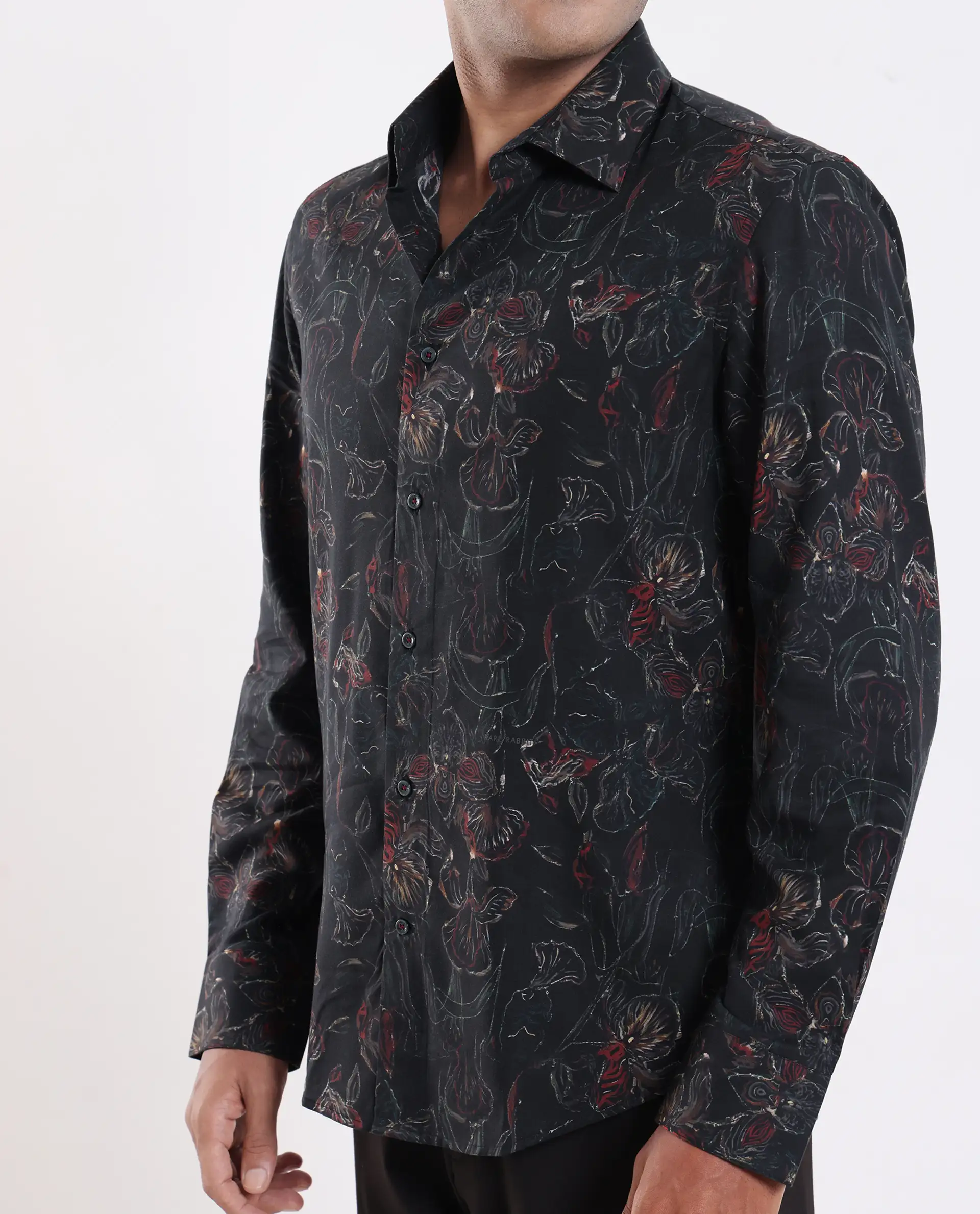 Rare Rabbit Men's Zoric Black Cotton Blend Fabric Full Sleeve Collared Neck Floral Print Shirt - Image 3
