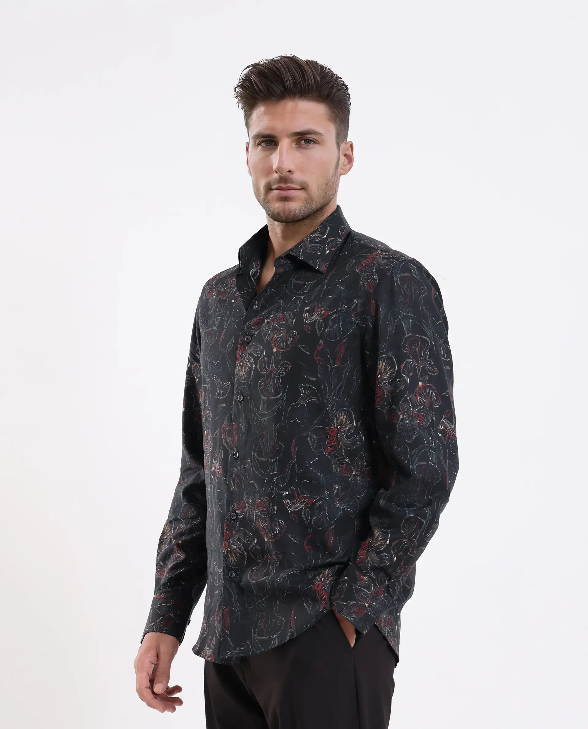 Rare Rabbit Men's Zoric Black Cotton Blend Fabric Full Sleeve Collared Neck Floral Print Shirt - Image 4