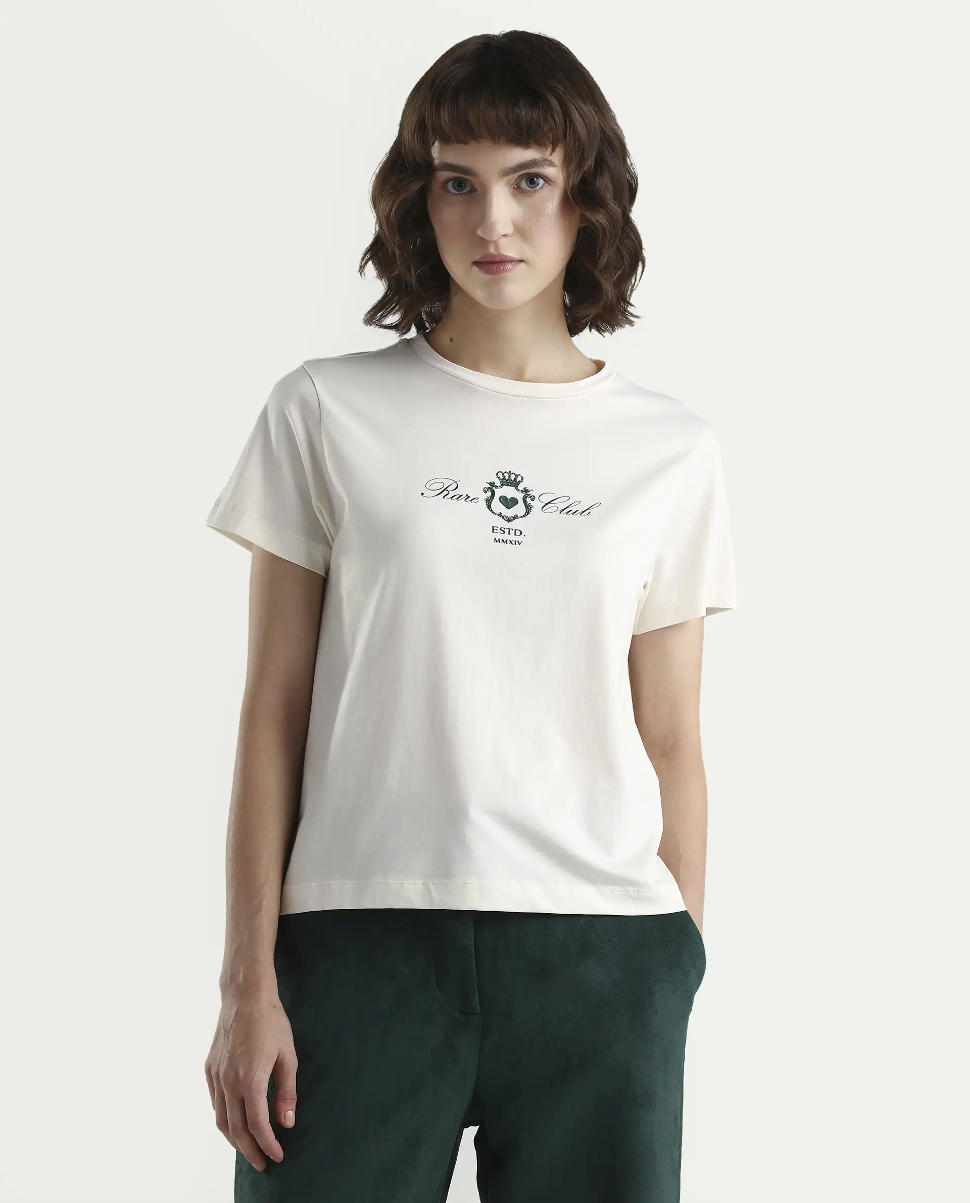 Rareism Women's Zorn Off White Cotton Blend Half Sleeve Regular Fit Plain T-Shirt - Image 3