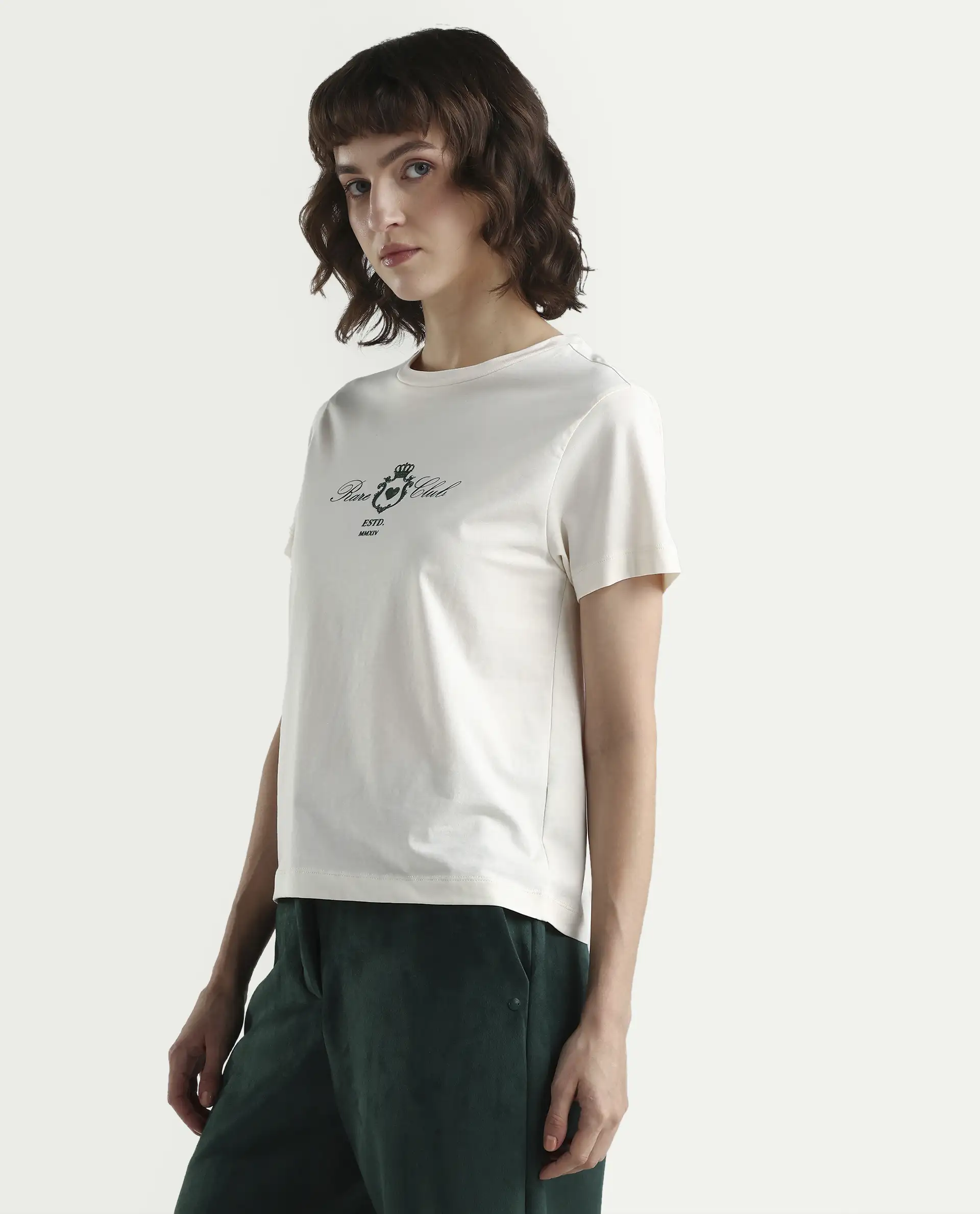 Rareism Women's Zorn Off White Cotton Blend Half Sleeve Regular Fit Plain T-Shirt - Image 5