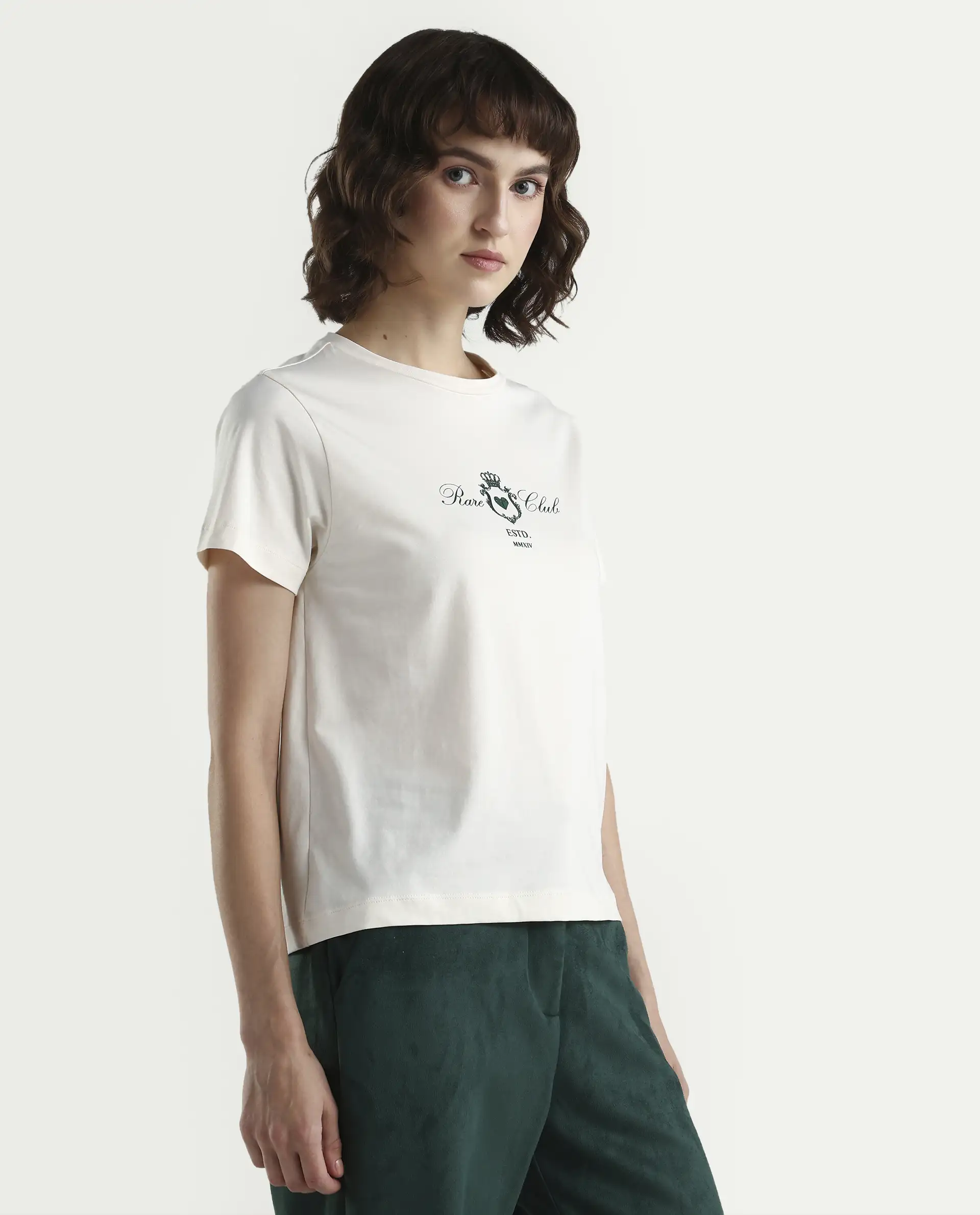 Rareism Women's Zorn Off White Cotton Blend Half Sleeve Regular Fit Plain T-Shirt - Image 6