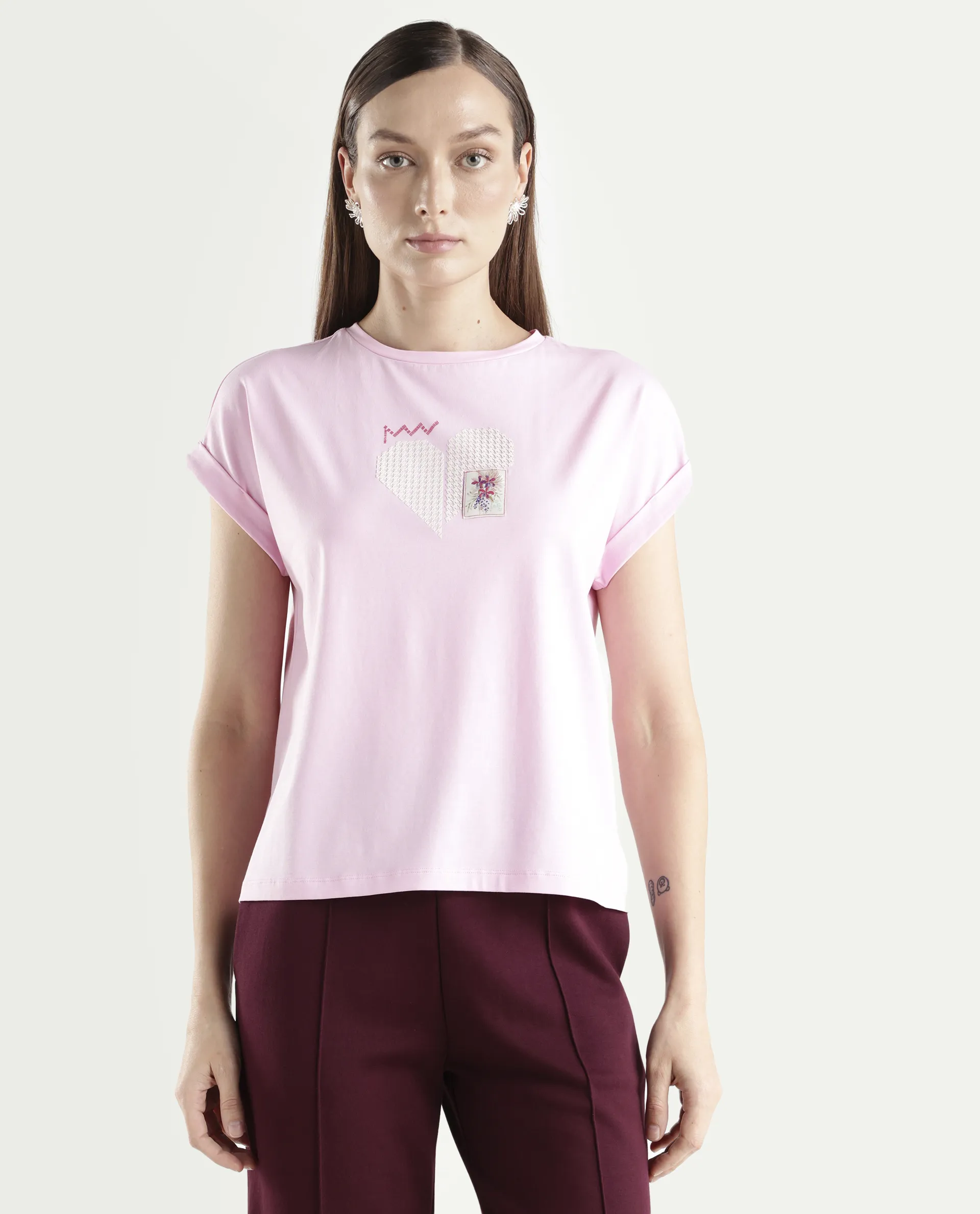 Rareism Women's Zoro Light Pink Cotton Blend Half Sleeve Relaxed Fit Object Print T-Shirt - Image 3