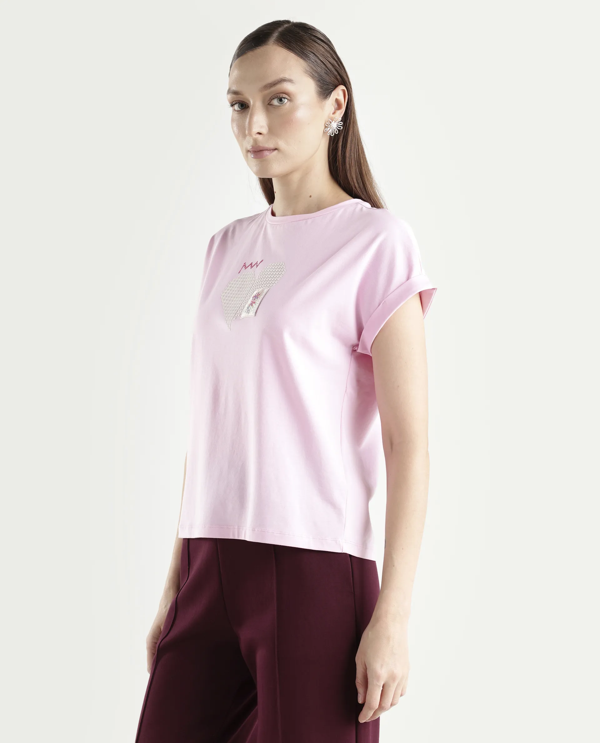Rareism Women's Zoro Light Pink Cotton Blend Half Sleeve Relaxed Fit Object Print T-Shirt - Image 6