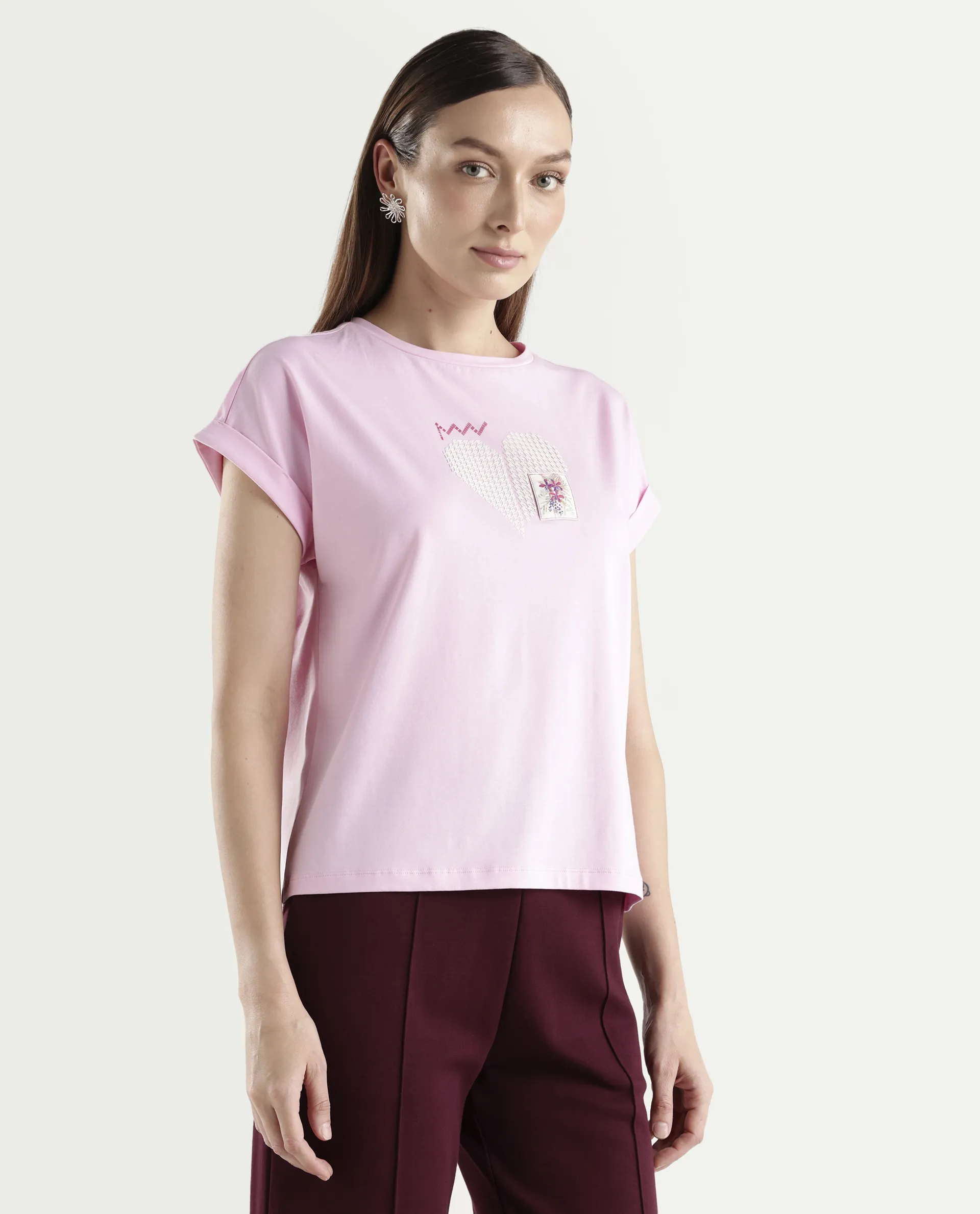 Rareism Women's Zoro Light Pink Cotton Blend Half Sleeve Relaxed Fit Object Print T-Shirt - Image 7